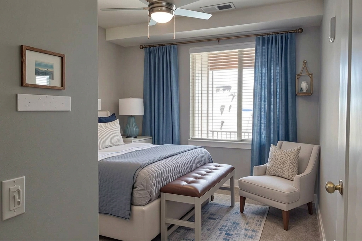 A cozy bedroom featuring a neatly made bed with blue and white bedding, a wooden bench at the foot, a comfortable armchair in the corner, and light blue curtains. The room has a warm tone with soft lighting from a ceiling fan and a small window letting in natural light, creating a serene atmosphere.