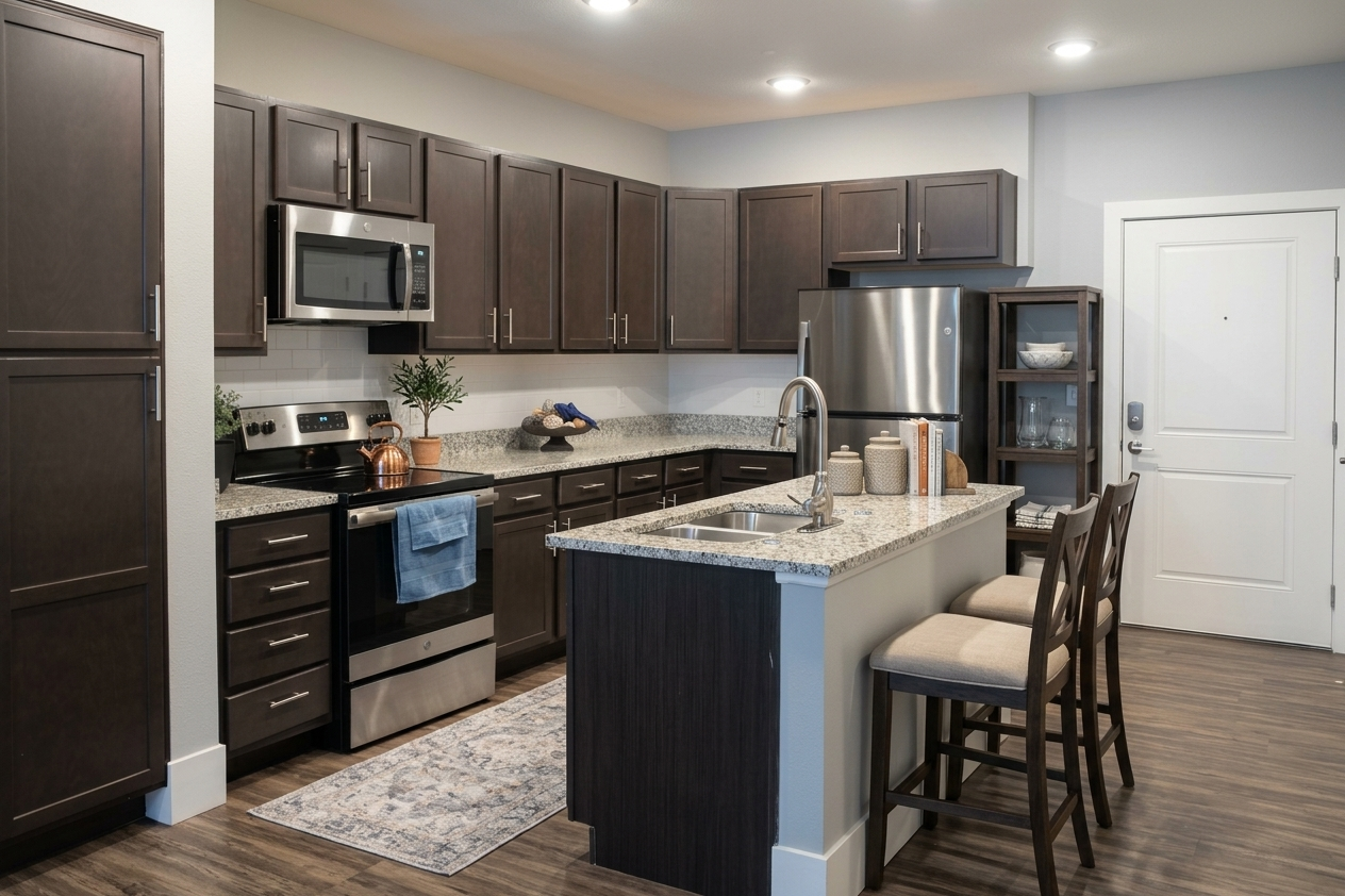A modern kitchen featuring dark wooden cabinets, stainless steel appliances, and a granite countertop. An island with seating for three is in the foreground, and a door leads to an entryway. Soft lighting enhances the contemporary design of the space.