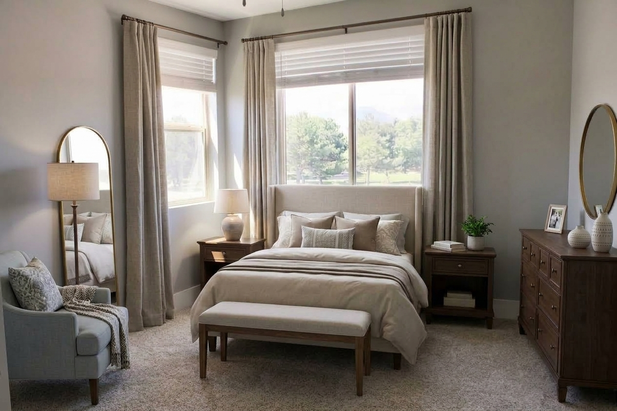 A cozy, modern bedroom featuring a bed with soft bedding, a nightstand with a lamp, a decorative bench at the foot of the bed, and a comfortable chair in the corner. Large windows let in natural light, with light-colored curtains, and a touch of greenery with a potted plant on the dresser. Soft, neutral tones create a calming atmosphere.