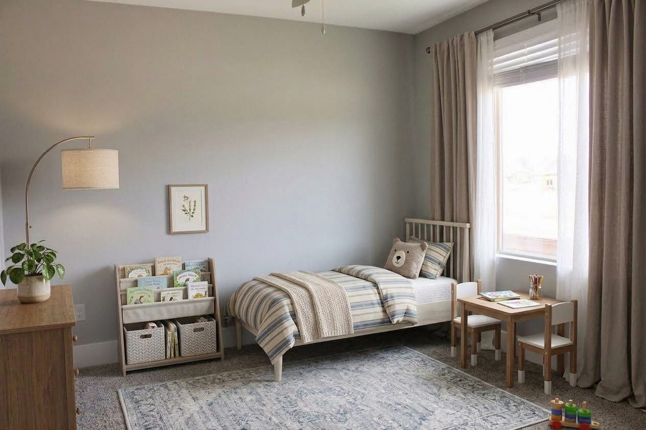 A cozy children's bedroom featuring a single bed with a striped blanket, a small wooden table with two chairs, and a lamp. A framed picture is on the wall, and there are shelves with books and toys. Soft gray walls and a plush carpet create a warm and inviting atmosphere. Large window with curtains lets in natural light.