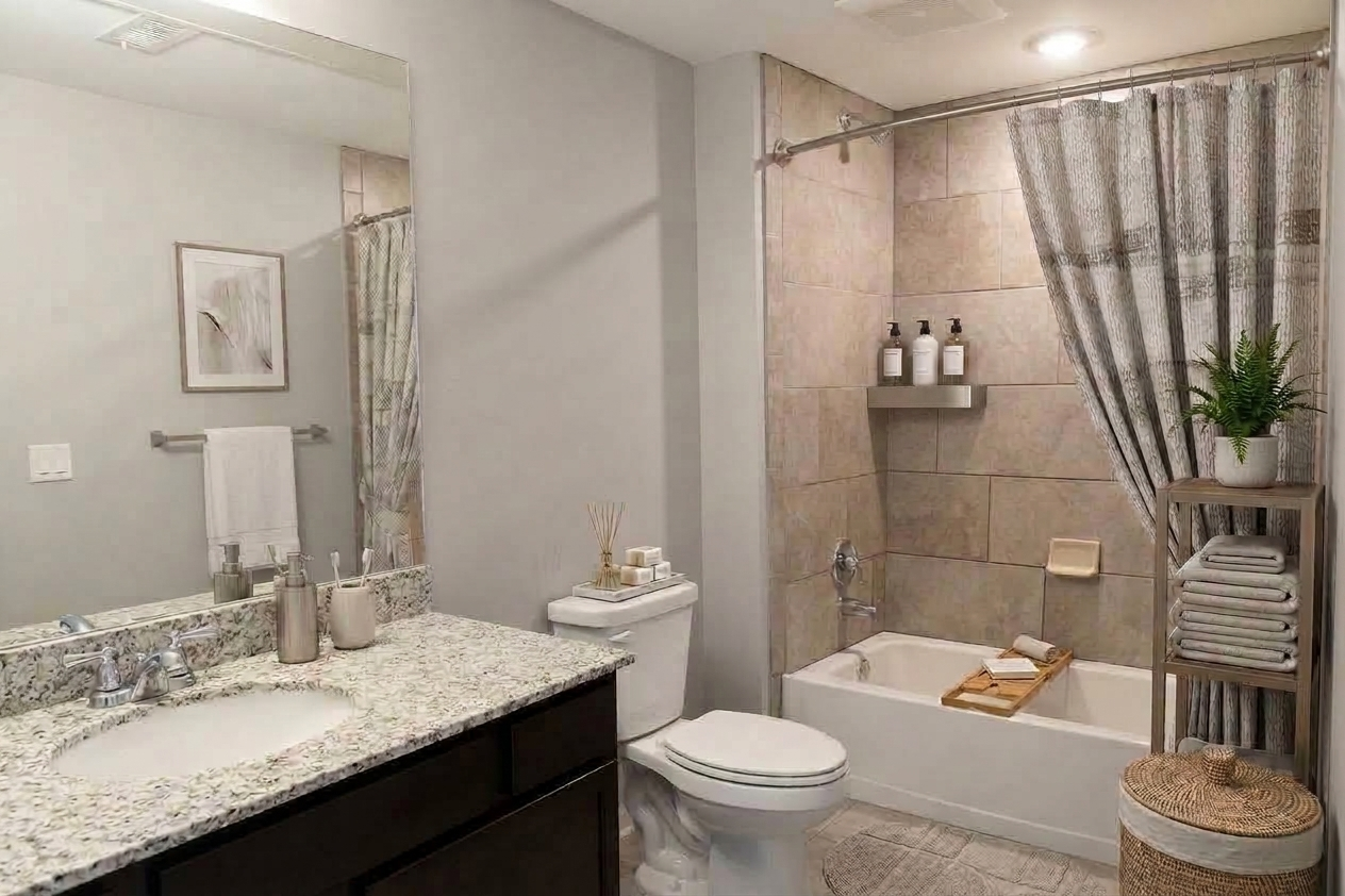 A modern bathroom featuring a bathtub with a shower curtain, a granite countertop sink area, and a mirror. There are neatly arranged toiletries on a shelf above the tub, a plant for decoration, and towels hanging on a rack. The space has neutral tones and a clean, minimalist aesthetic.