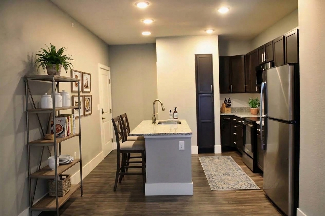 Modern kitchen featuring dark wooden cabinetry, stainless steel appliances, and a central island with seating. A decorative shelf holds dishware and plants, while a light gray wall complements the space. The flooring is dark laminate, enhancing the contemporary aesthetic. Bright lighting highlights the area.