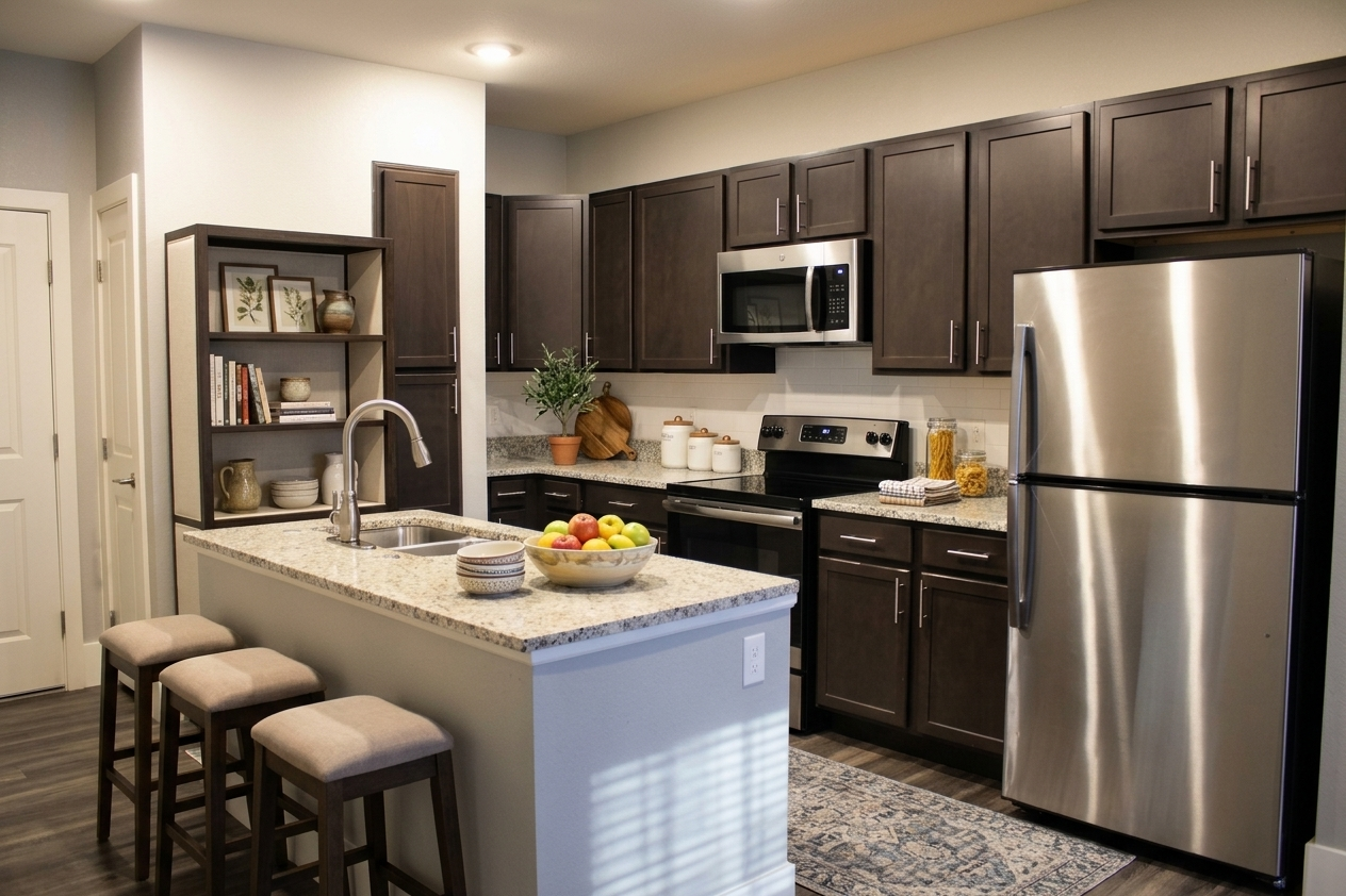 Modern kitchen featuring dark wood cabinetry, stainless steel appliances, and a large island with a bowl of colorful fruits. The space has a clean design with a neutral color palette, stylish decor items on shelves, and attractive lighting. A cozy atmosphere is created with bar stools at the island.