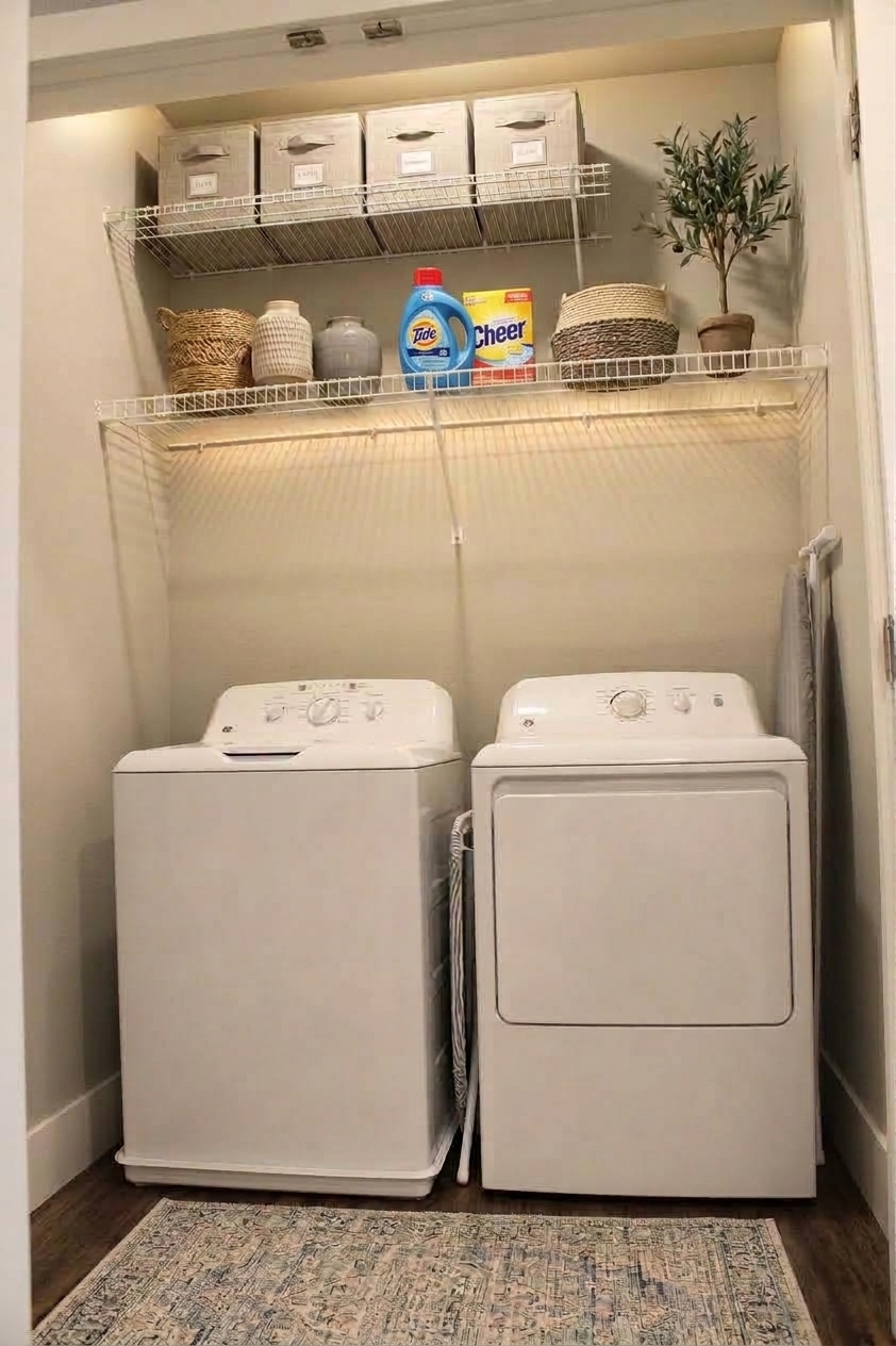 A compact laundry room featuring a washing machine and dryer side by side. Above, there are shelves with decorative storage boxes and containers. A small plant and laundry detergent are placed on the shelf, adding a touch of greenery. The space is well-organized and stylishly designed.