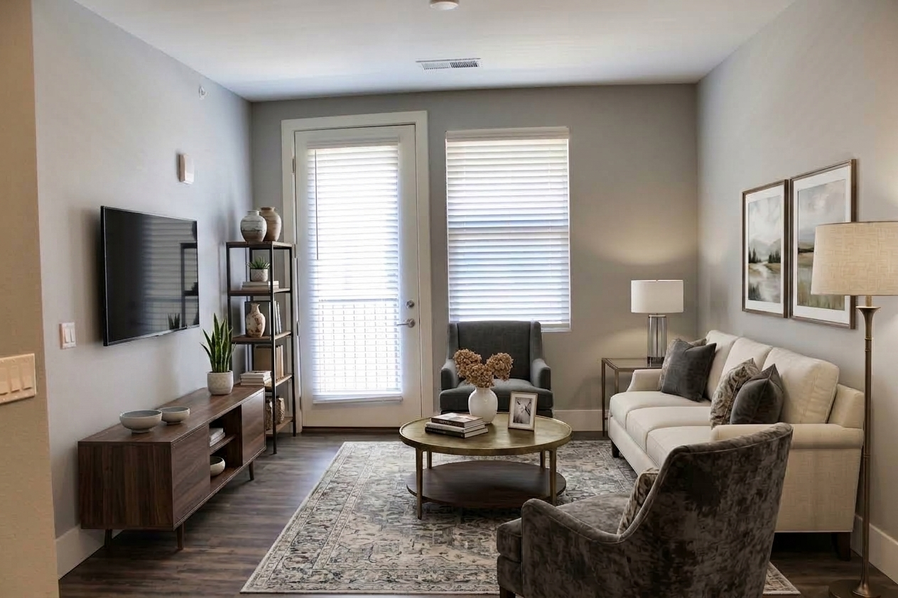 A modern living room featuring a light-colored sofa and a cozy gray armchair. There’s a round coffee table in the center, adorned with decorative items. A flat-screen TV is mounted on the wall, and a bookshelf displays vases and plants. Large windows with blinds provide natural light, creating a warm and inviting atmosphere.