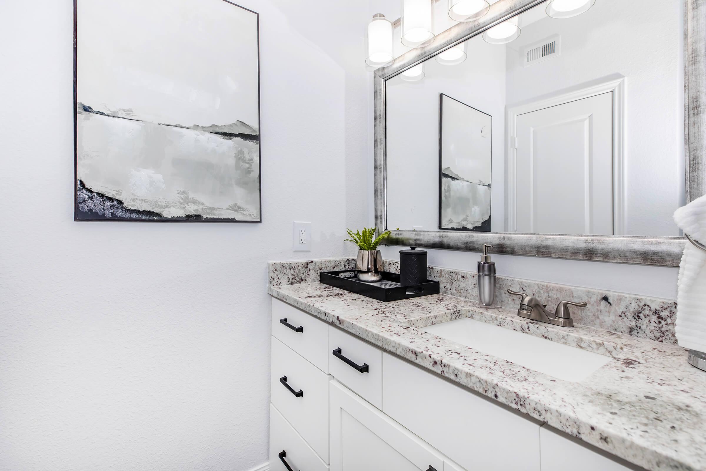 Modern bathroom featuring a light-colored granite countertop with white cabinetry, a stylish mirror, and an abstract wall painting. A small potted plant adds a touch of greenery, and there are soap dispensers and towels neatly arranged. The overall aesthetic is clean and contemporary.