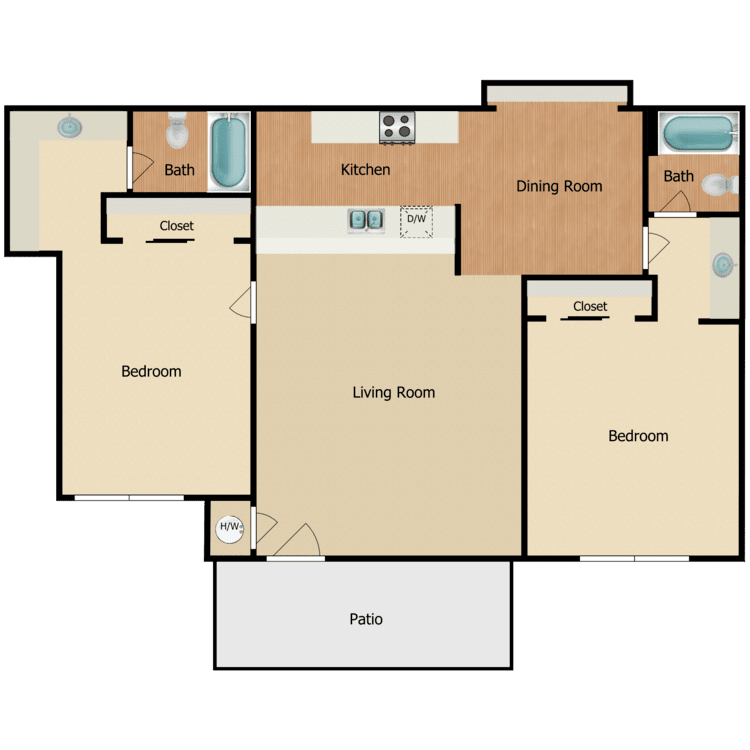 Plan 5, a 2 bedroom 2 bathroom floor plan.