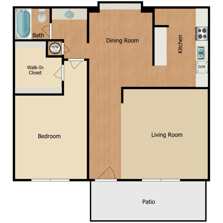 Plan 1, a 1 bedroom 1 bathroom floor plan.