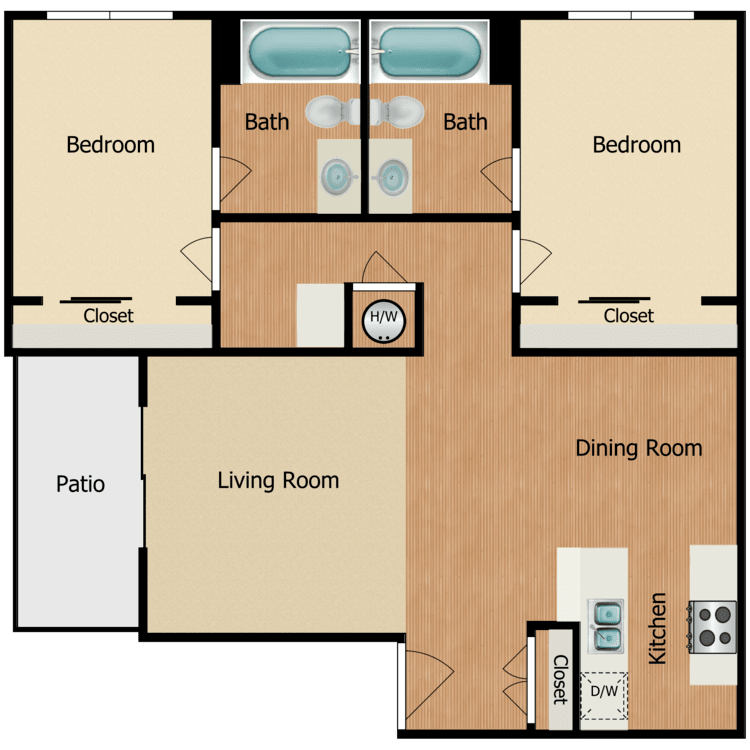 Plan 6, a 2 bedroom 2 bathroom floor plan.