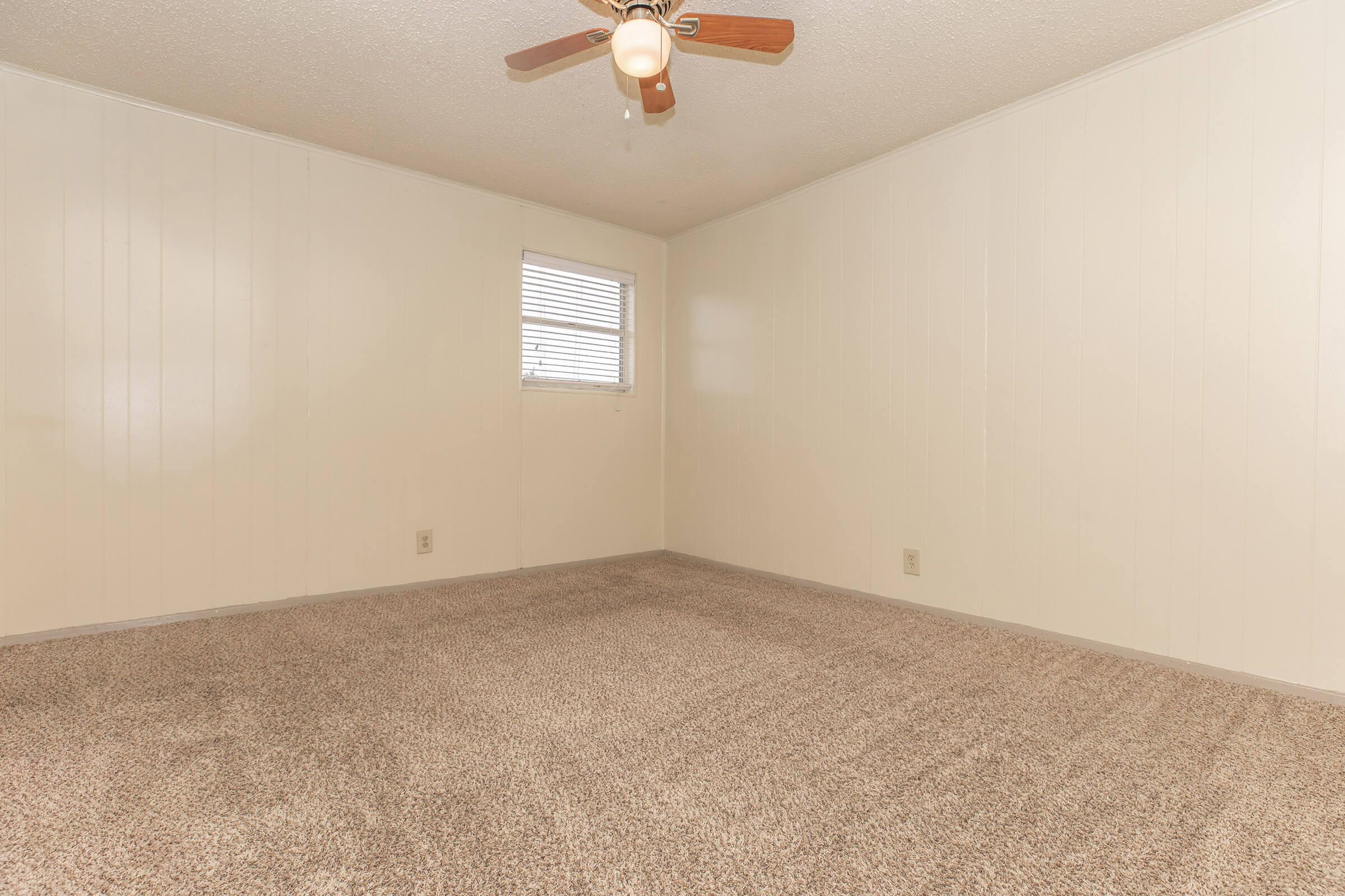 Empty room with beige carpet and white paneled walls. A ceiling fan is visible, and there’s a small window with blinds letting in light. The room has no furniture, creating a spacious and airy feel.