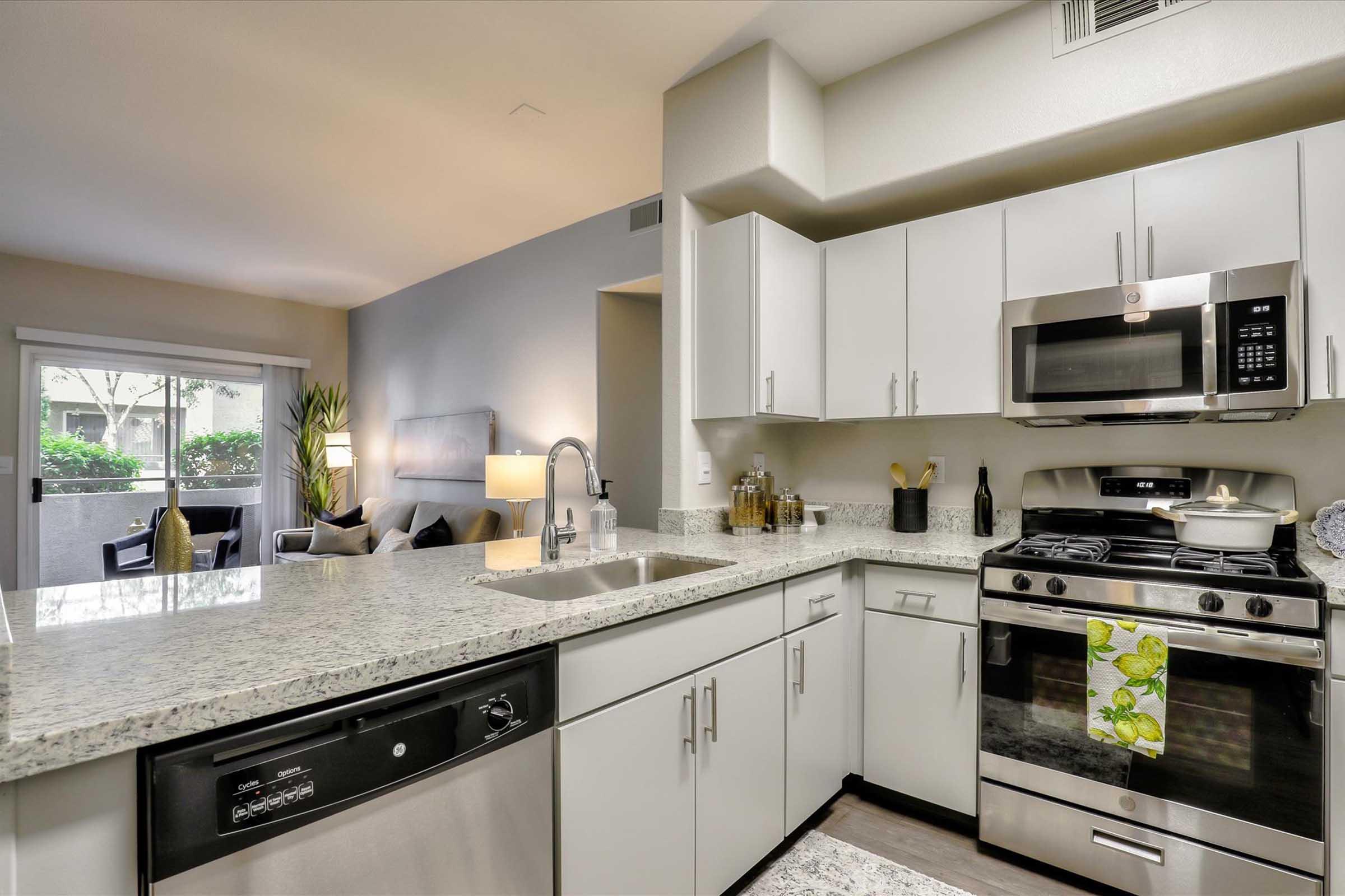Modern kitchen featuring gray cabinets and granite countertops. Stainless steel appliances include a gas stove, microwave, and dishwasher. A sink is positioned under a window. Decorative items and a lemon-patterned towel add a touch of color. In the background, a cozy living area with a sofa and plants is visible.