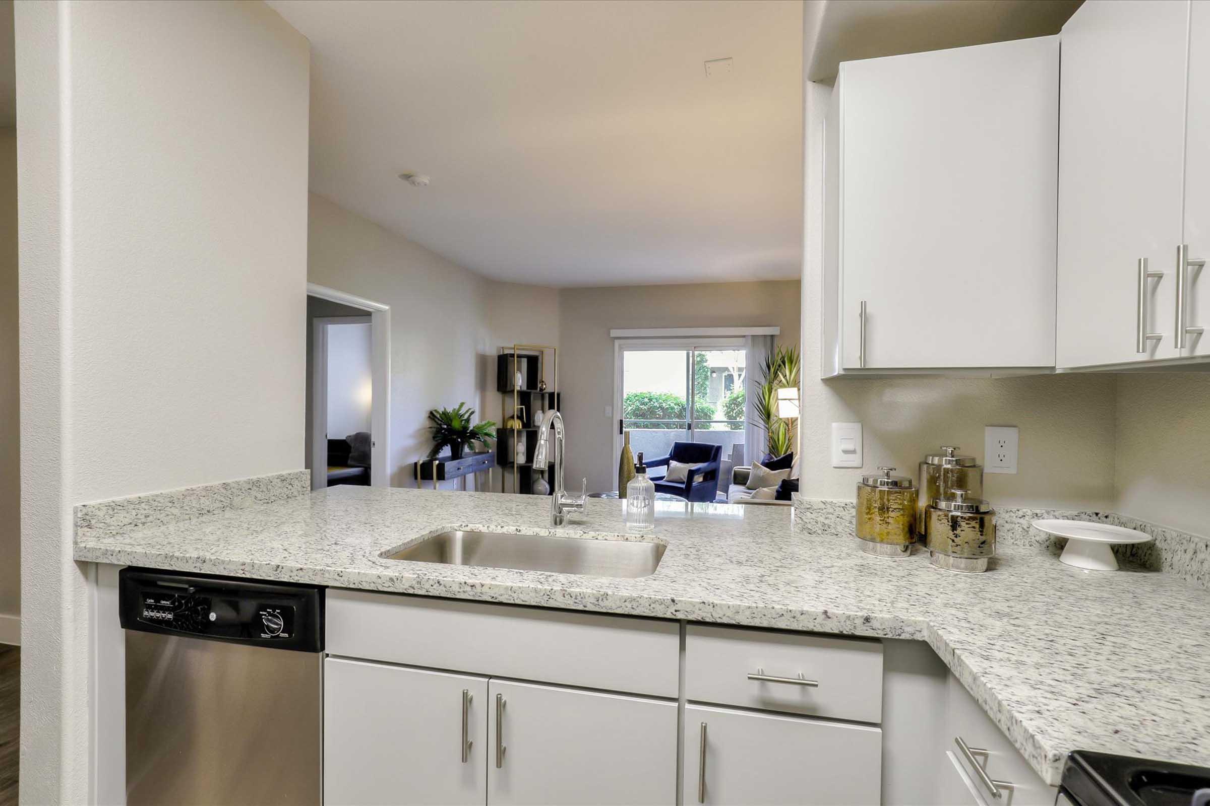 A modern kitchen with a granite countertop and a stainless steel dishwasher. In the background, a cozy living area is visible with a sofa and plants. The space is bright and features light-colored walls and cabinets, creating an open feel.