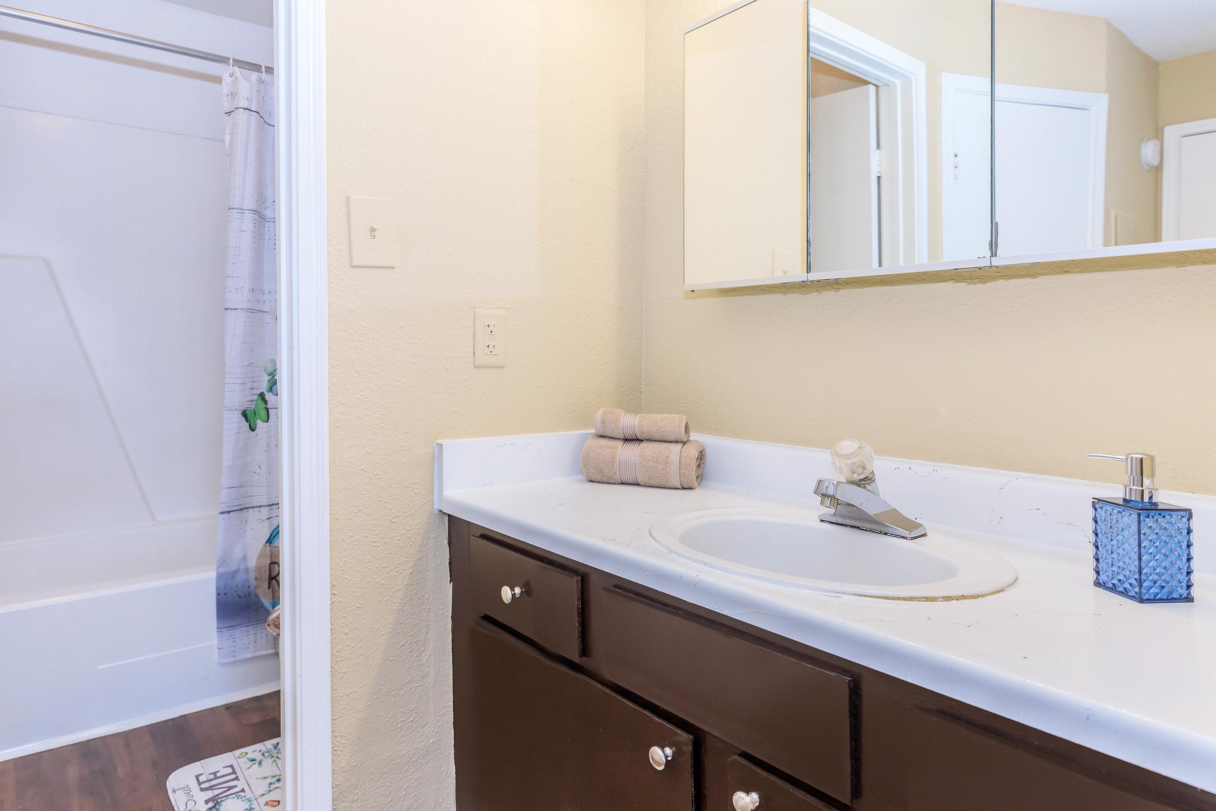 A clean bathroom with a white countertop and dark wooden cabinets. There are two rolled towels on the counter, a blue soap dispenser, and a mirror above the sink. The background shows a shower curtain and white tub, with light-colored walls adding to the bright and tidy atmosphere.