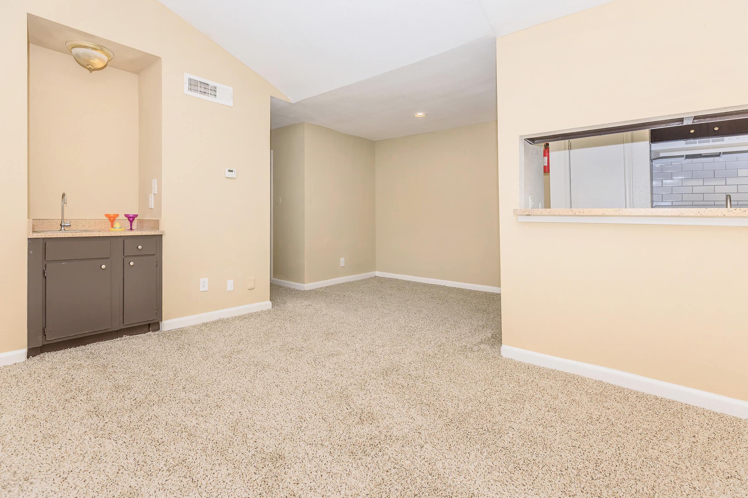 Spacious interior of a light-colored room featuring carpeted flooring, beige walls, and a kitchenette area with a counter. The room is well-lit, with a small window above the counter and a subtle ceiling fixture. Decor is minimal, creating an open and inviting atmosphere suitable for various furnishings.