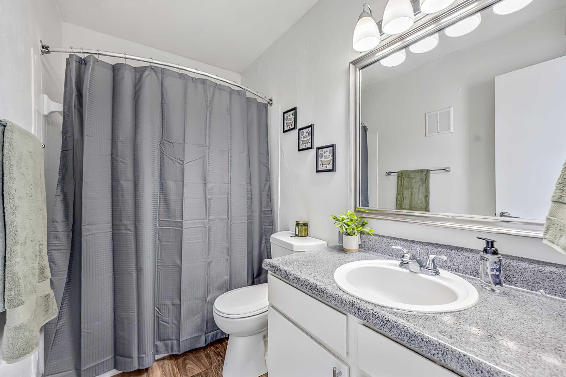 A well-lit bathroom featuring a gray shower curtain, a white sink with a stone countertop, a toilet, and a mirror above the sink. The walls are painted light, and there are decorative frames and towels in green tones. The flooring is wood-like, adding warmth to the space.