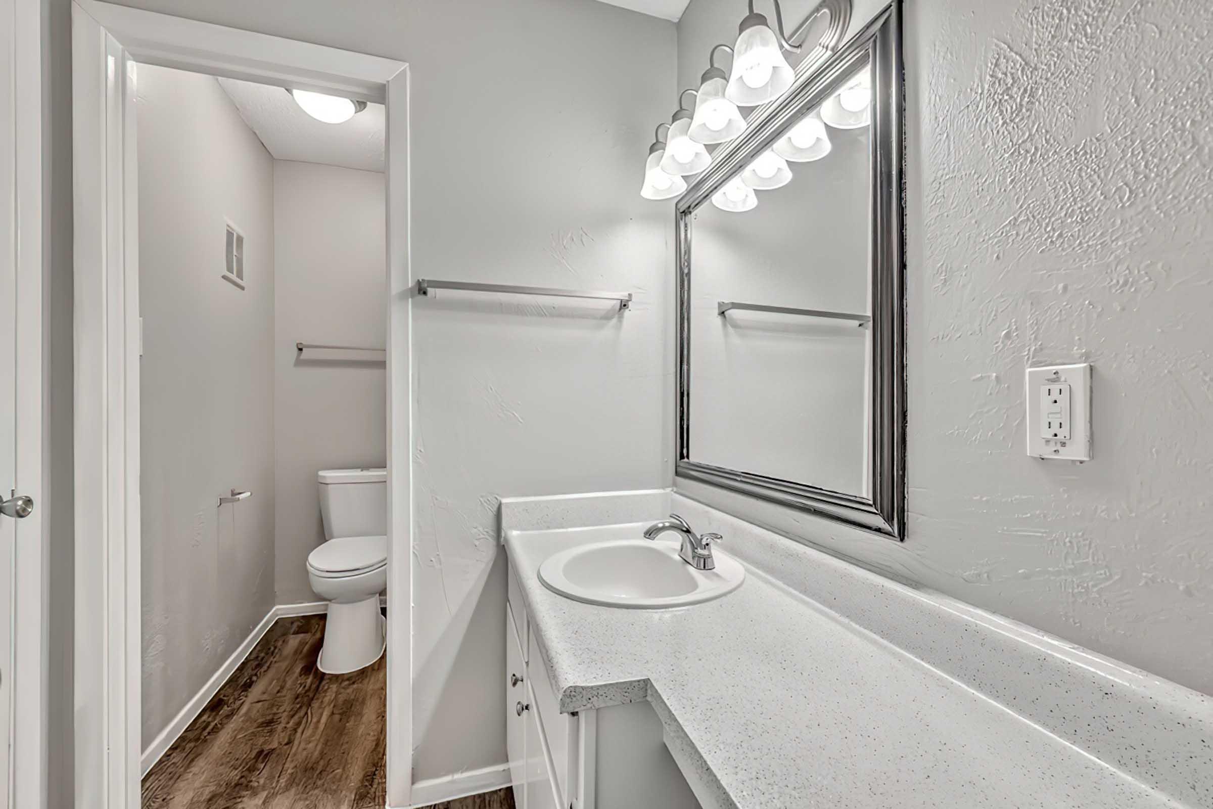 A modern bathroom featuring a sleek vanity with a sink, a large mirror, and stylish light fixtures. The walls are painted gray, and there is a doorway leading to a toilet area. The floor has a wood-like appearance, contributing to the overall contemporary design.