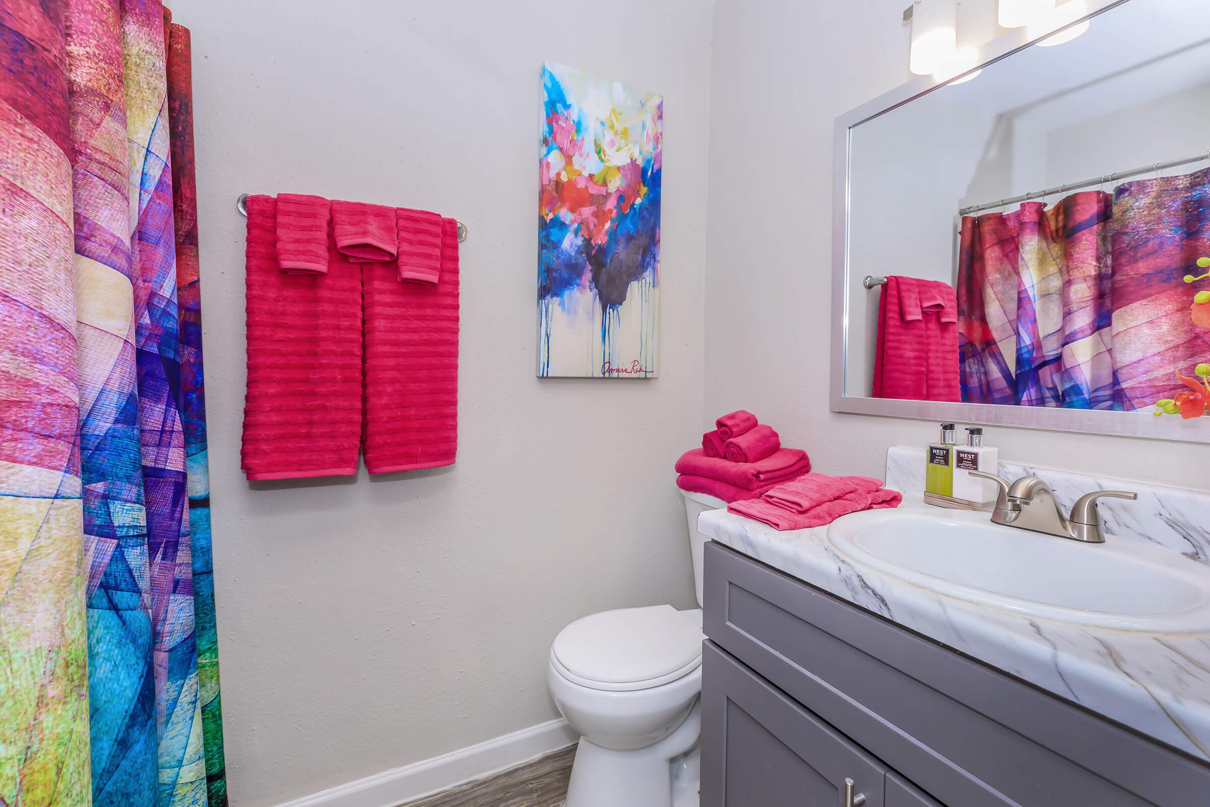 a colorful shower curtain