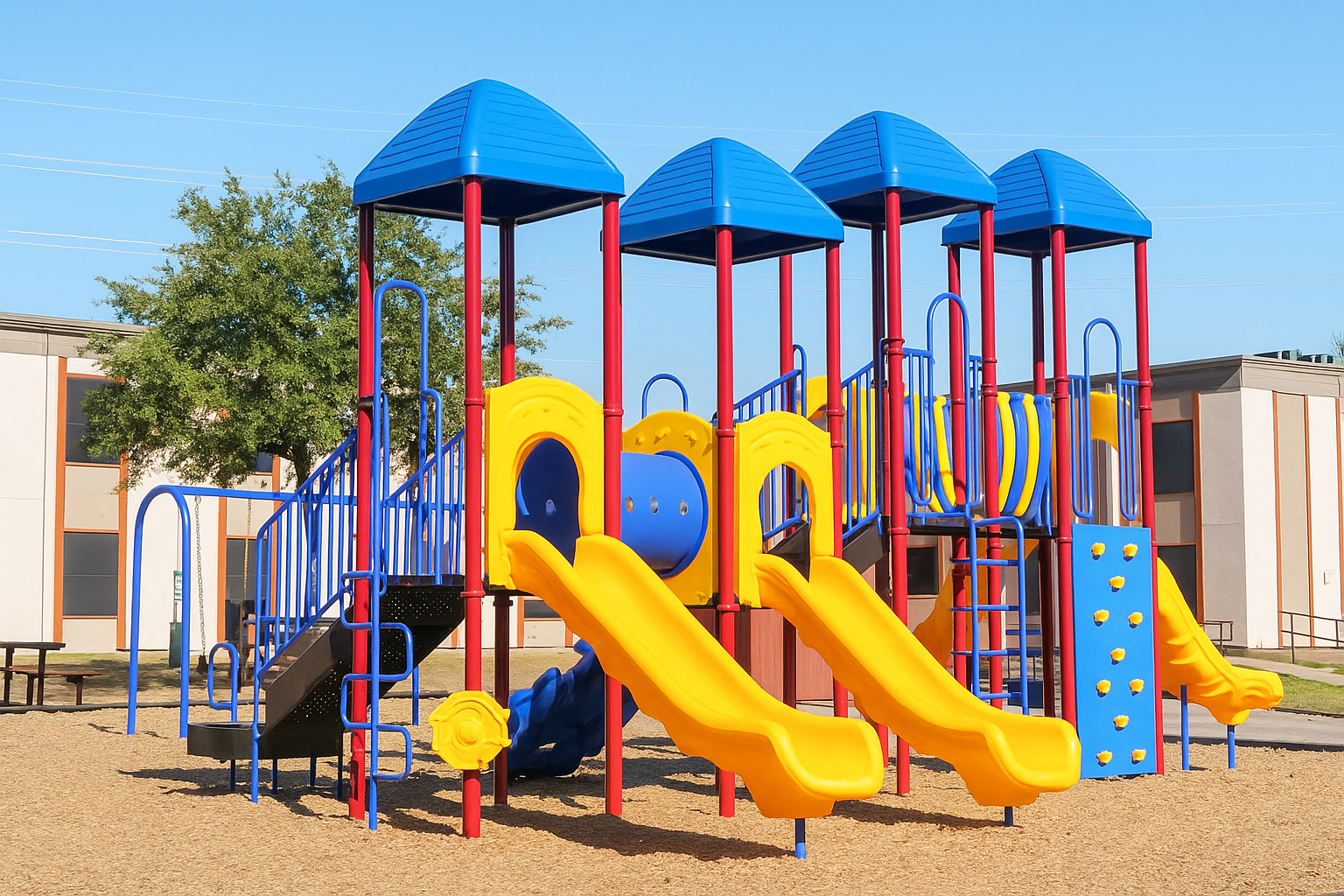 Colorful playground equipment featuring blue and yellow slides, climbing structures, and play areas, set against a clear blue sky. The playground is surrounded by a sandy area and is located near a building. Ideal for children's recreational activities.