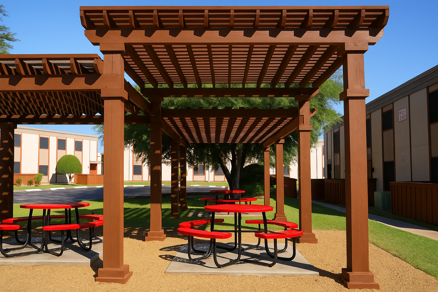 Wooden pergolas with red picnic tables underneath, set on a grassy lawn. The background features a building with a light-colored facade and well-manicured shrubbery. The scene is bathed in bright sunlight, creating a vibrant outdoor setting.