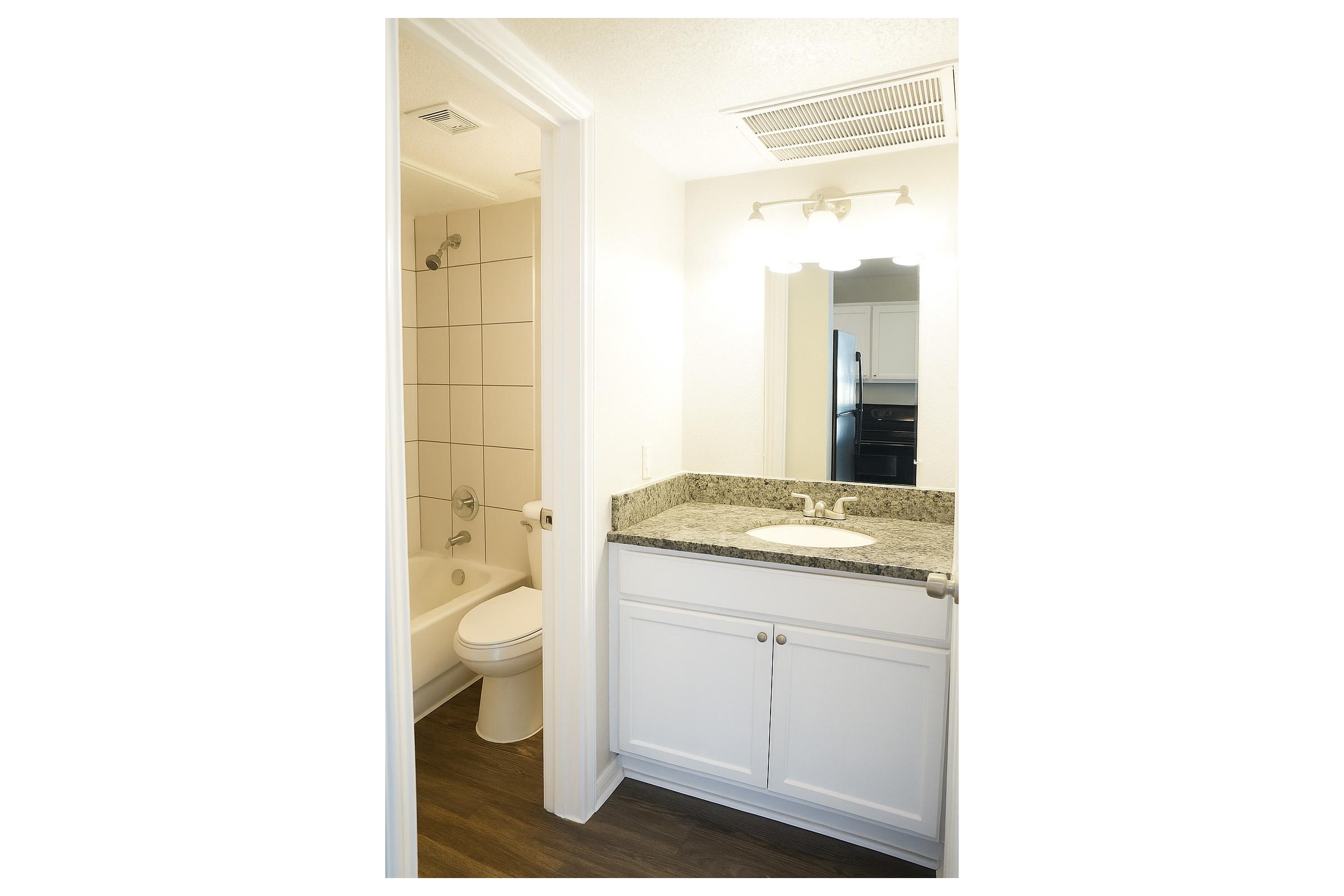 A clean, modern bathroom featuring a white vanity with a granite countertop, a large mirror with overhead lighting, a bathtub with a shower, and a toilet. The space has light-colored walls and dark wood flooring, creating a bright and airy atmosphere.