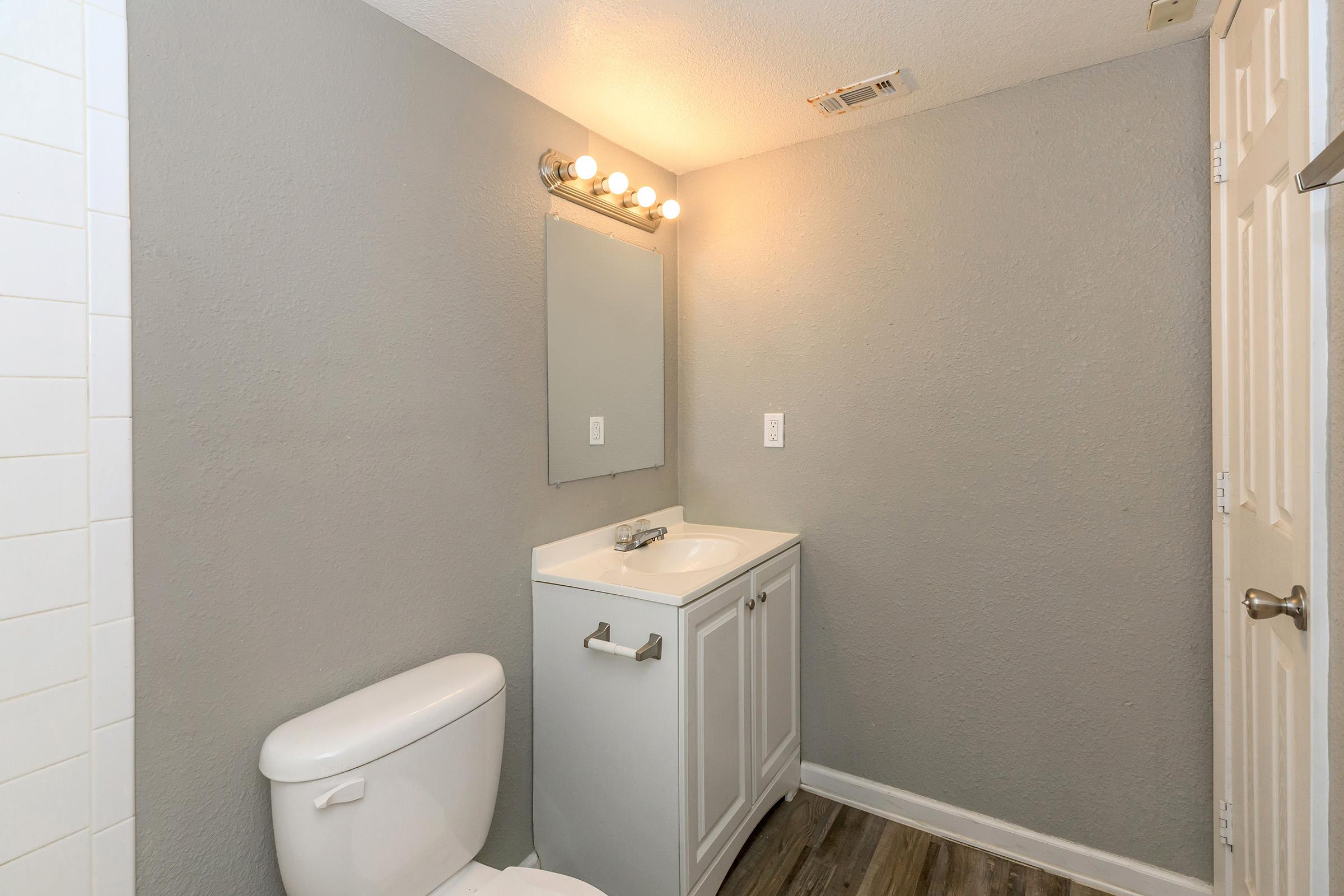 A simple bathroom featuring a white toilet, a white sink with a cabinet underneath, and a wall mirror. The walls are painted gray, and the room is well-lit with a light fixture above the mirror. The flooring appears to be a wood-like laminate, contributing to a modern aesthetic.