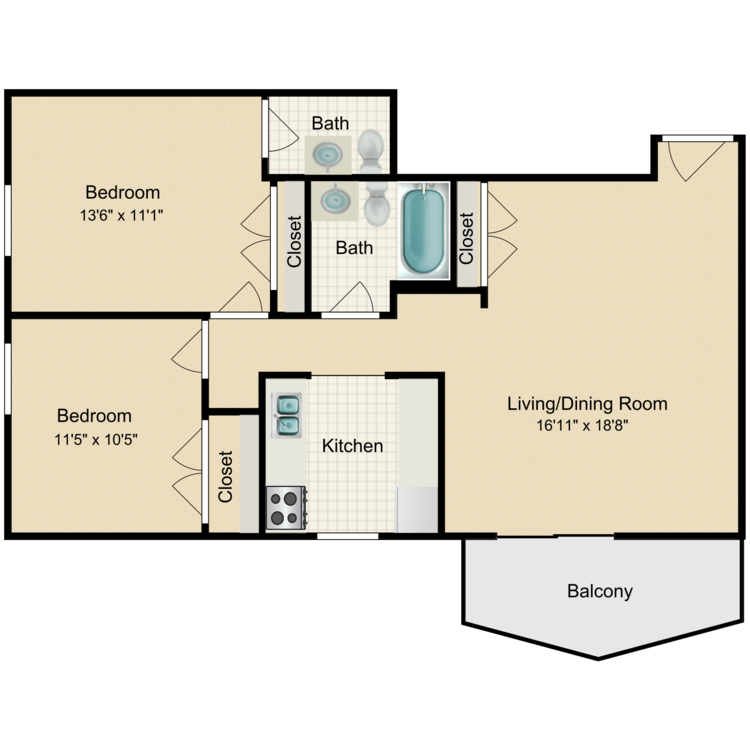 Floor plan image of 2 Bed 1.5 Bath