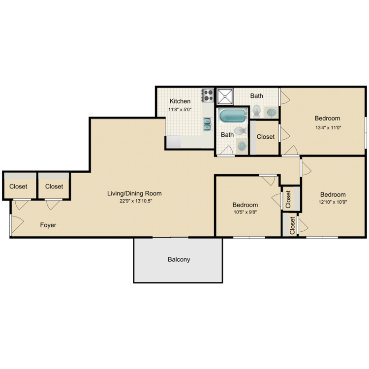 Floor plan image of 3 Bed 2 Bath