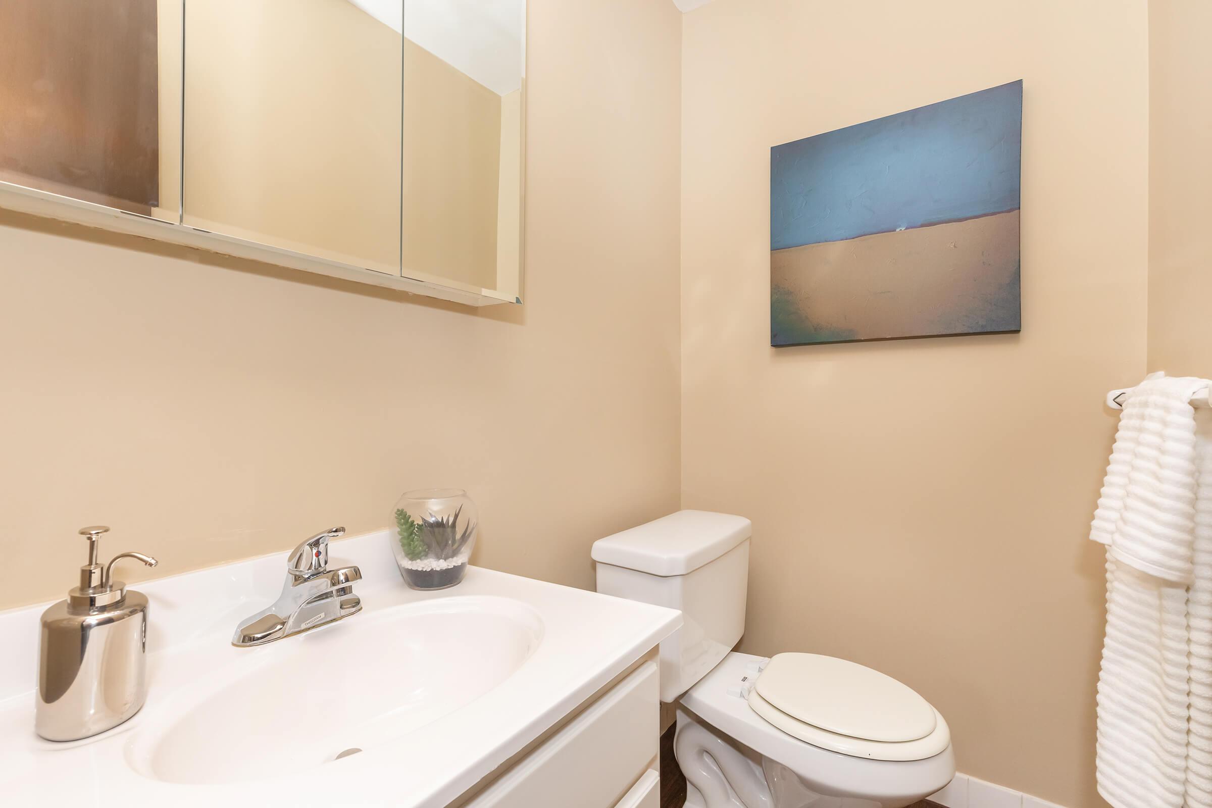 a white sink sitting under a mirror