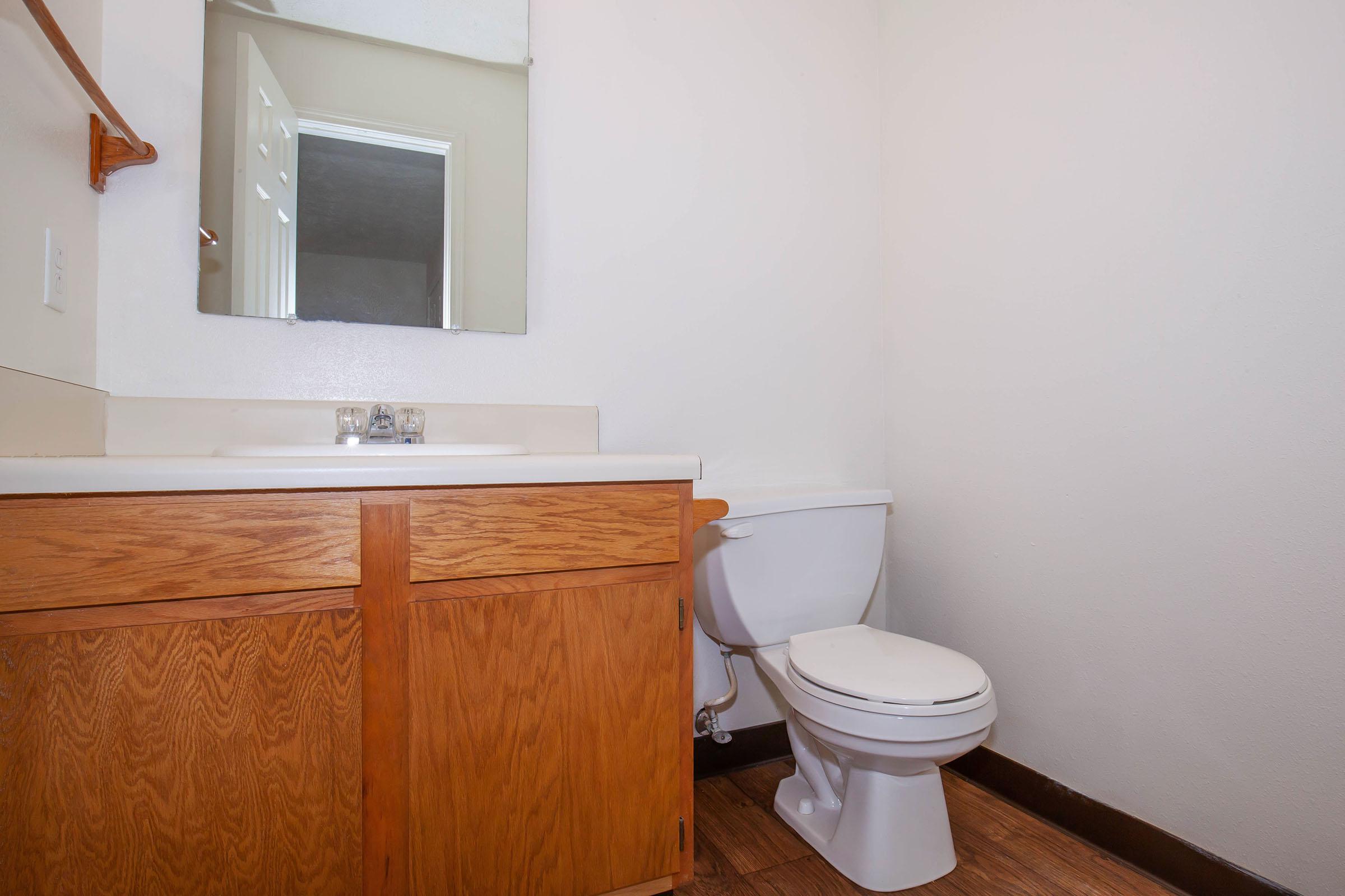 a room with a sink and a mirror
