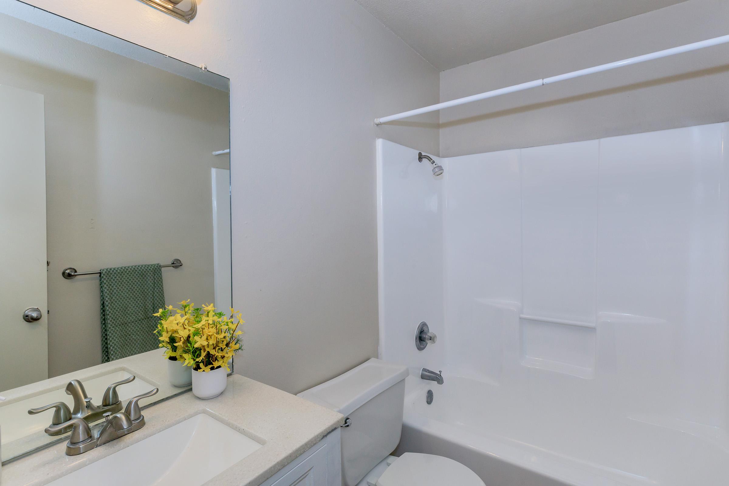 A clean and modern bathroom featuring a white bathtub and shower combination, a sleek vanity with a sink, and a small potted plant with yellow flowers on the counter. The walls are painted a light color, and there is a mirror above the vanity, creating a bright and inviting atmosphere.