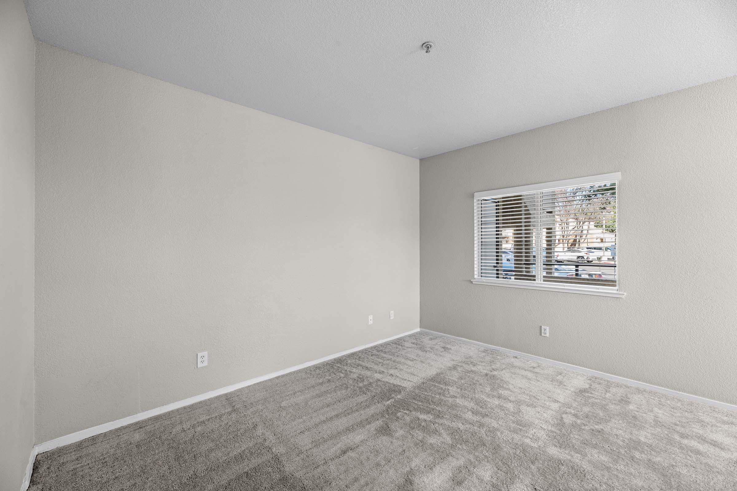 Empty room with beige walls and a large window featuring white blinds. The floor is covered in light gray carpet. The room is well-lit with natural light coming through the window, creating a spacious and neutral atmosphere.