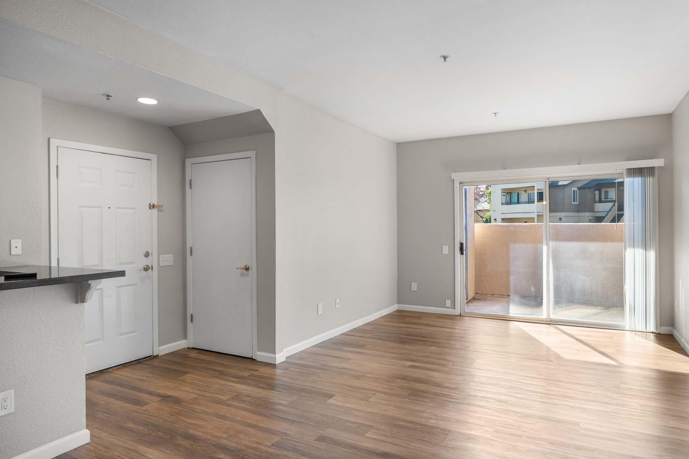 Interior view of a spacious living area featuring laminate flooring, a sliding glass door leading to an outdoor balcony, and a neutral-colored wall. The entrance area shows a front door and a nearby closet, creating a bright and inviting atmosphere. Natural light filters into the room.