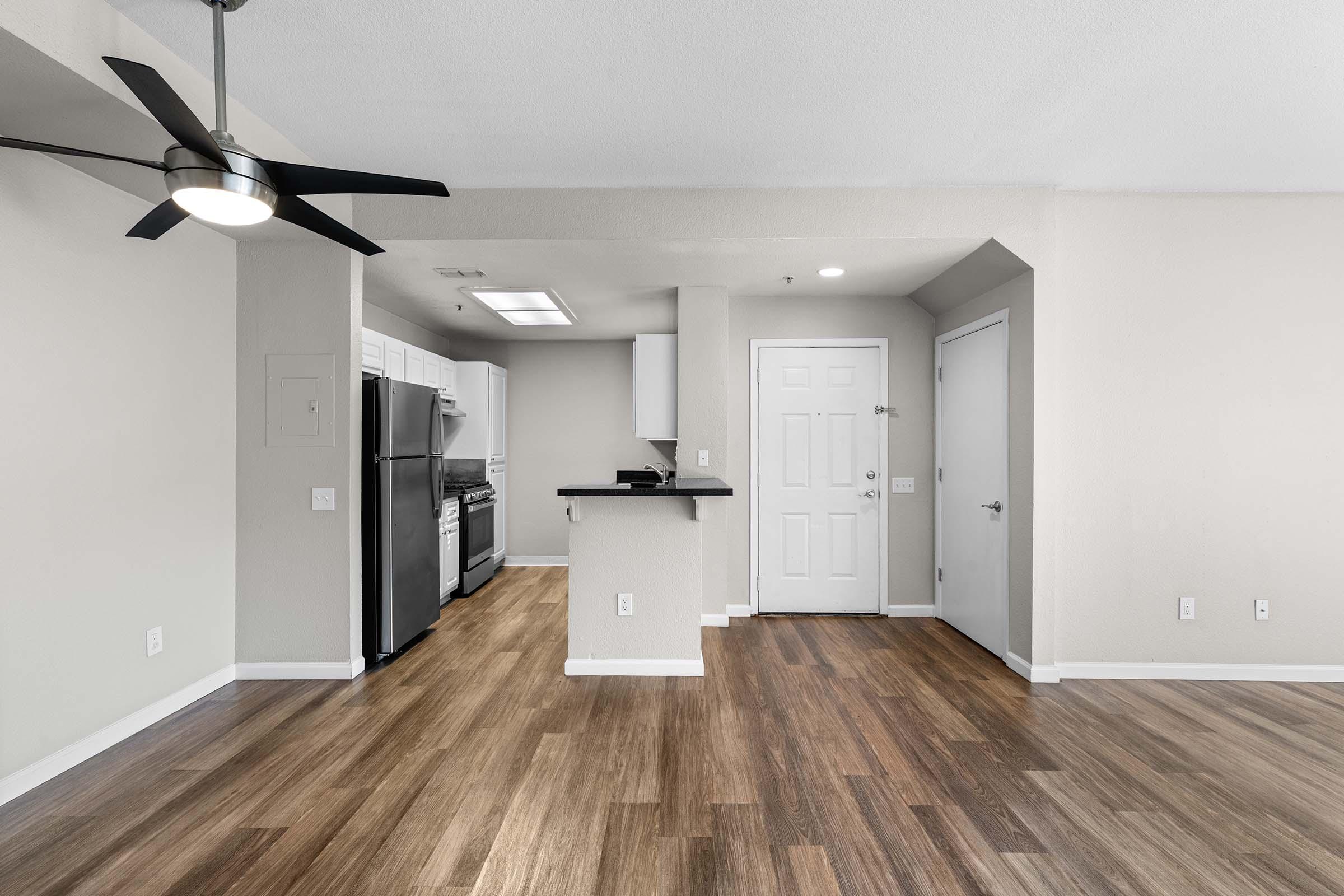 Modern open-concept living space featuring a well-equipped kitchen with stainless steel appliances, a ceiling fan, and wood-look flooring. Doorways lead to areas including a bathroom and storage, with neutral wall colors and natural light enhancing the inviting atmosphere.