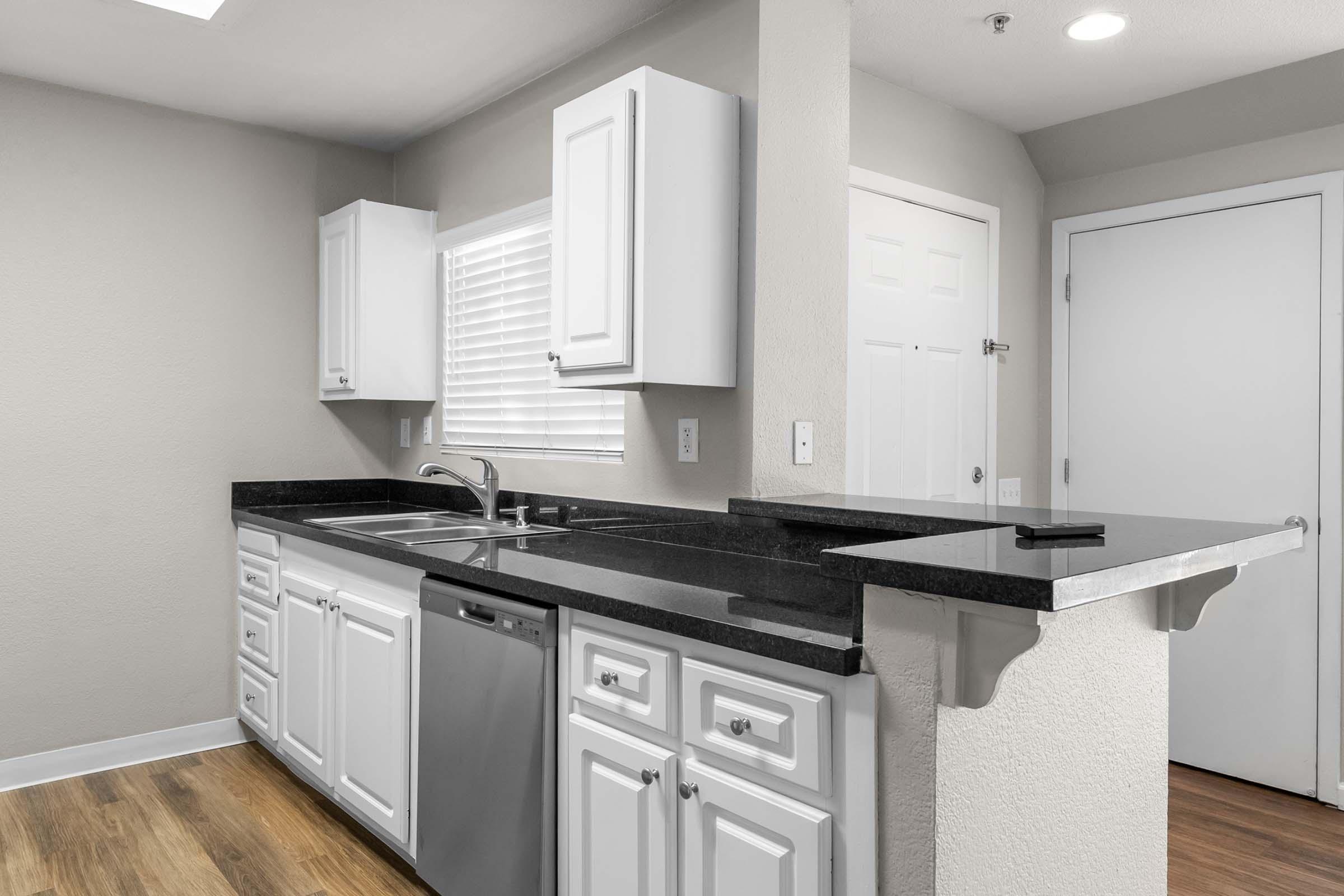 Modern kitchen featuring white cabinets, a black countertop, and stainless steel appliances, including a dishwasher. Natural light enters through a window with blinds, and there is a doorway leading to another room. The floor is made of light wood.