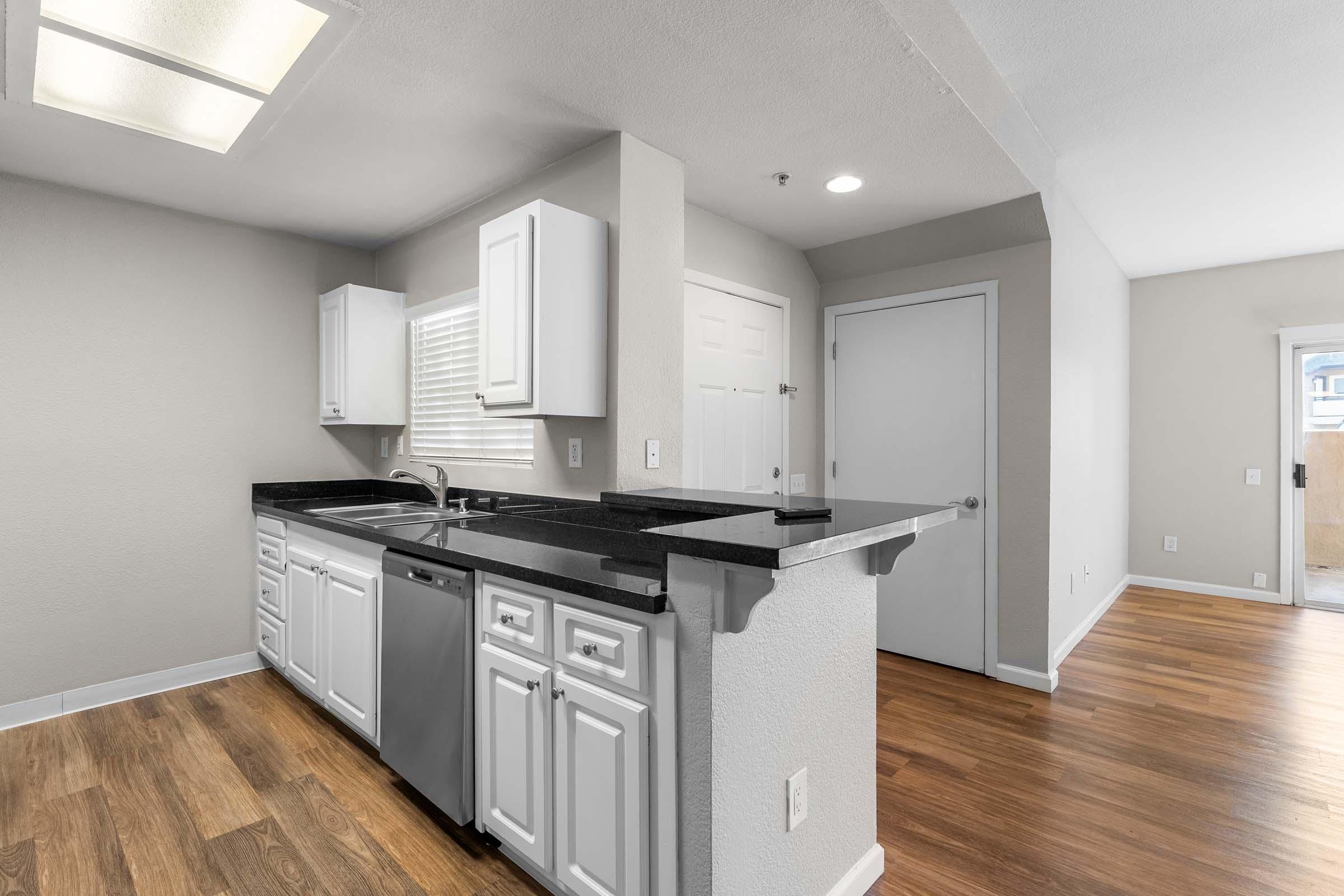 Modern kitchen with white cabinets and black countertops, featuring a stainless steel dishwasher and sink. Light from a window illuminates the space. The open layout leads to a living area with hardwood flooring, and a door visible on the right suggests access to an outdoor space.