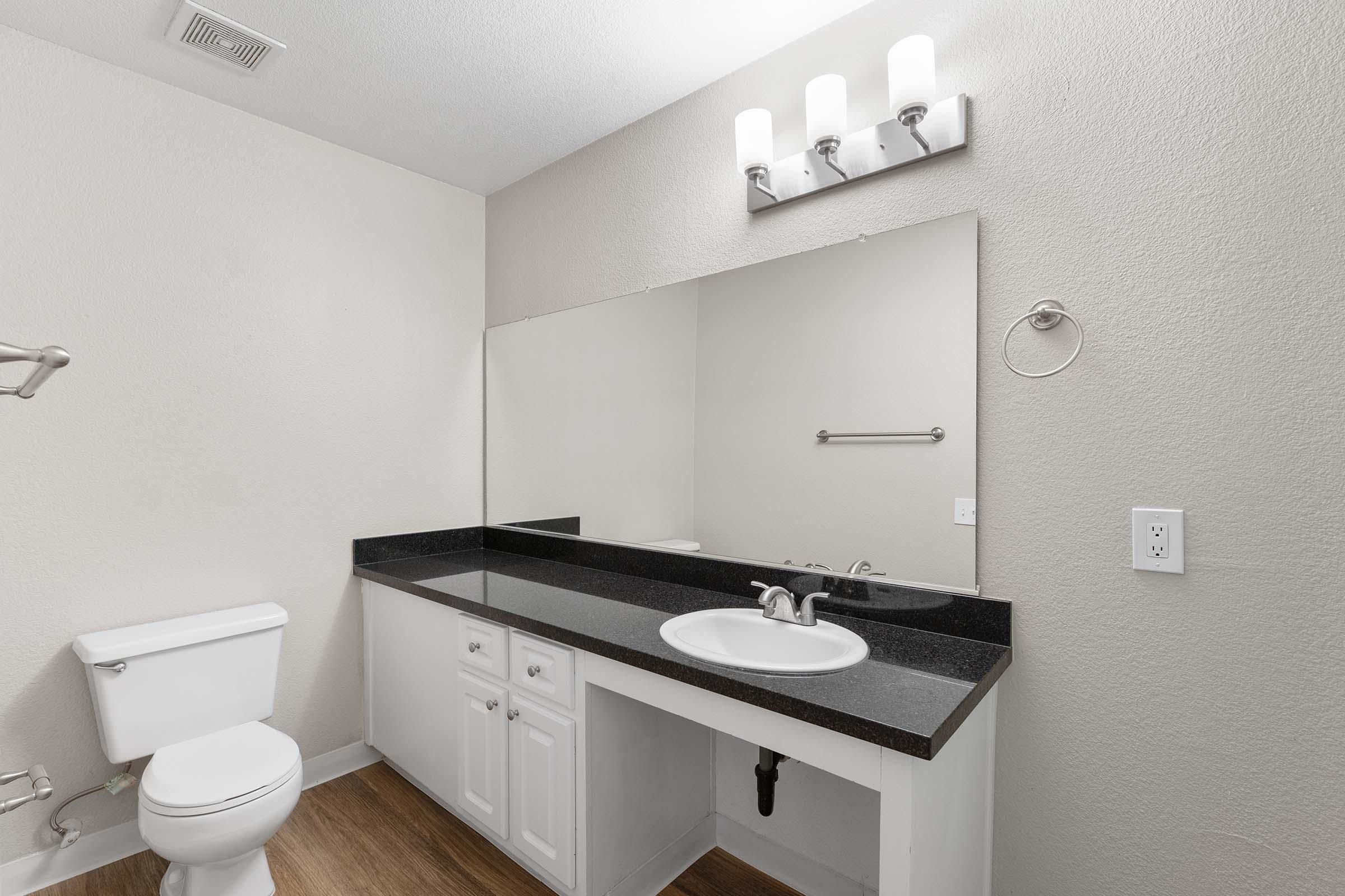 A modern bathroom featuring a toilet, a sink with a black countertop, a large mirror above the sink, and three light fixtures. The walls are painted in a light color, and there is a towel rack next to the sink. The floor has a wood-like appearance.
