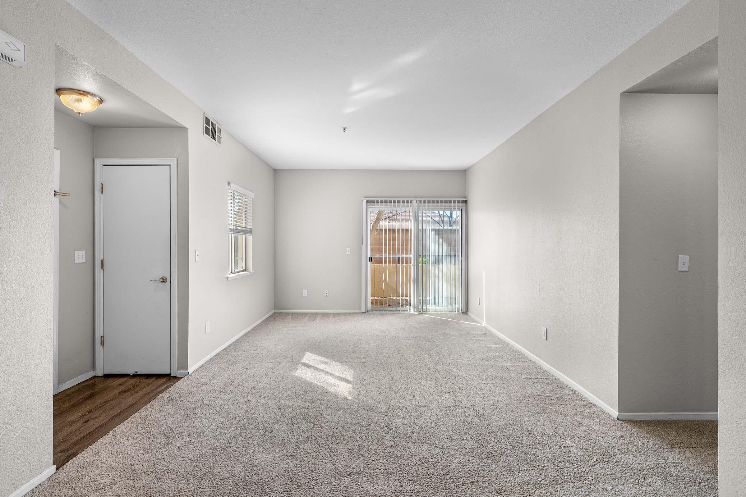 Spacious living room with neutral wall colors, large window providing natural light, and a door leading to an outdoor area. The carpeted floor adds warmth, and the room features a ceiling light fixture. A hallway can be seen on the right side.