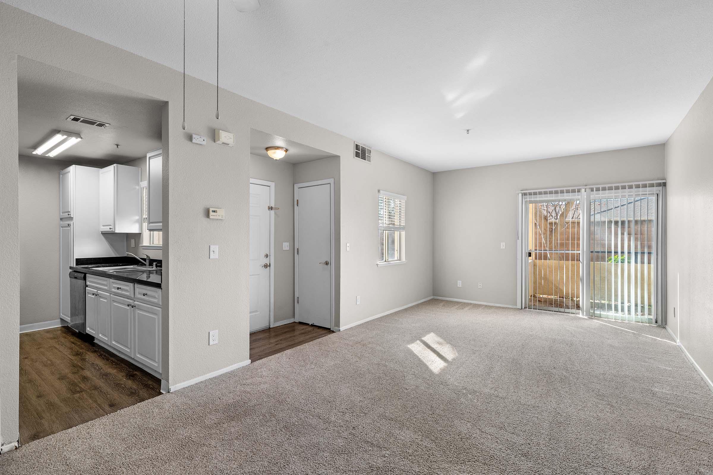 Empty living room with beige carpet and light gray walls. There are doors leading to an outdoor space and to a kitchen area with white cabinets. Natural light is coming in through the sliding glass door, creating a bright and airy atmosphere.