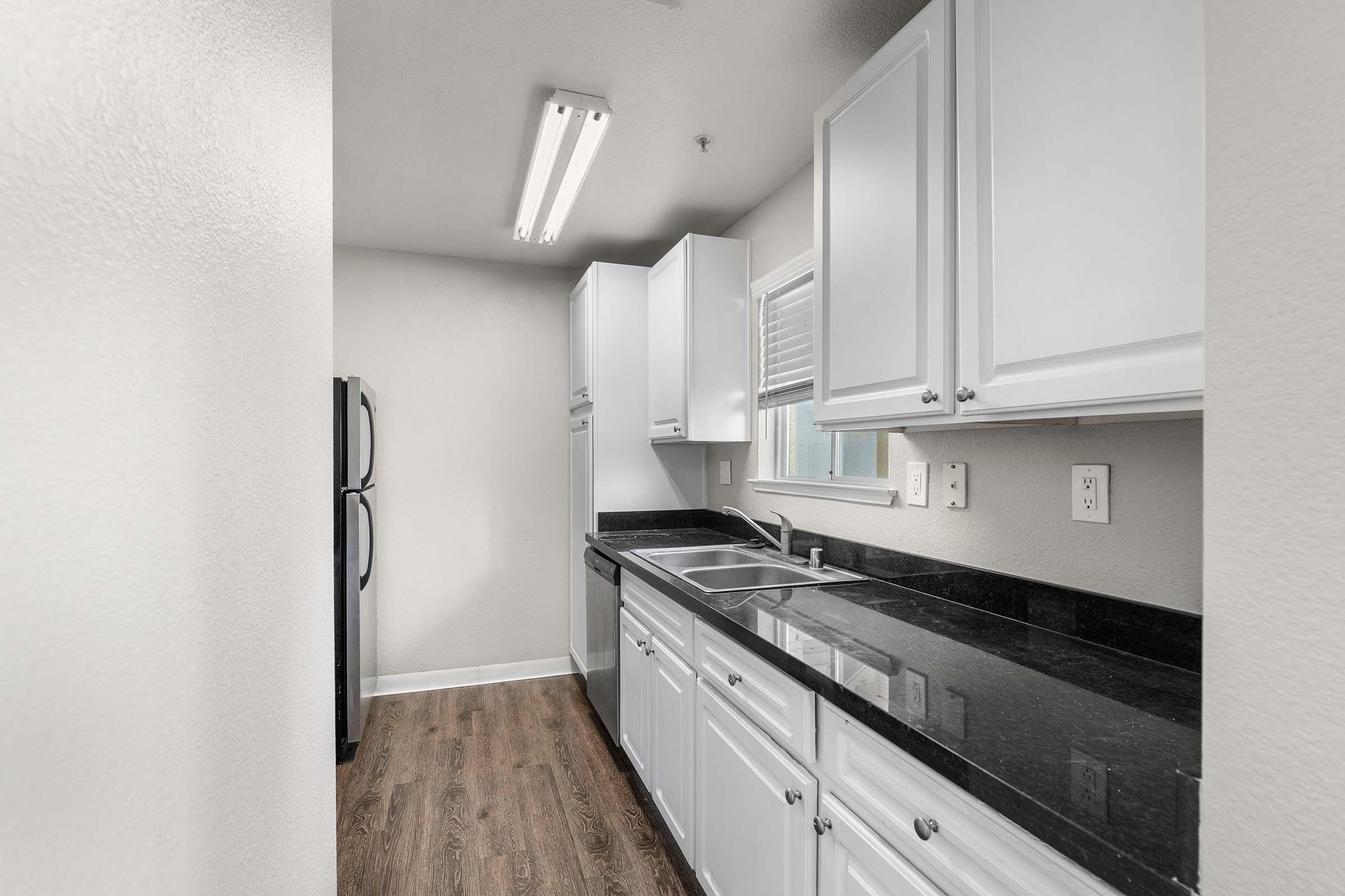 A modern kitchen featuring white cabinetry, a black countertop, a double sink, and stainless steel appliances. The space has overhead lighting and a large window allowing natural light, with a light-colored wall and wooden flooring, creating a bright and inviting atmosphere.