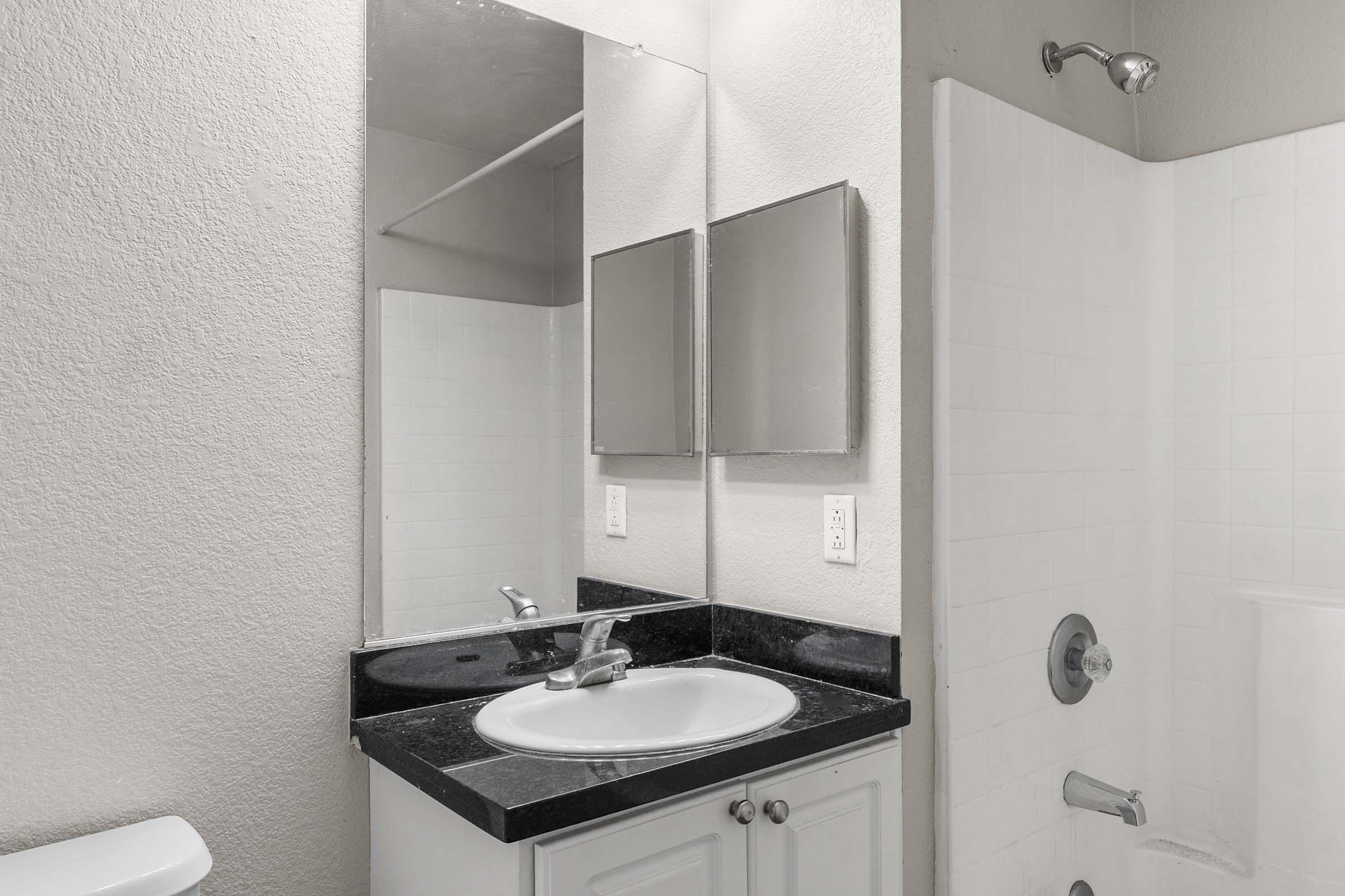 A modern bathroom featuring a white sink with a chrome faucet, a large mirror above, and a separate glass shower area. The walls are painted a light color, and the countertop is black. A toilet is visible on the left side, adding to the functional design of the space.