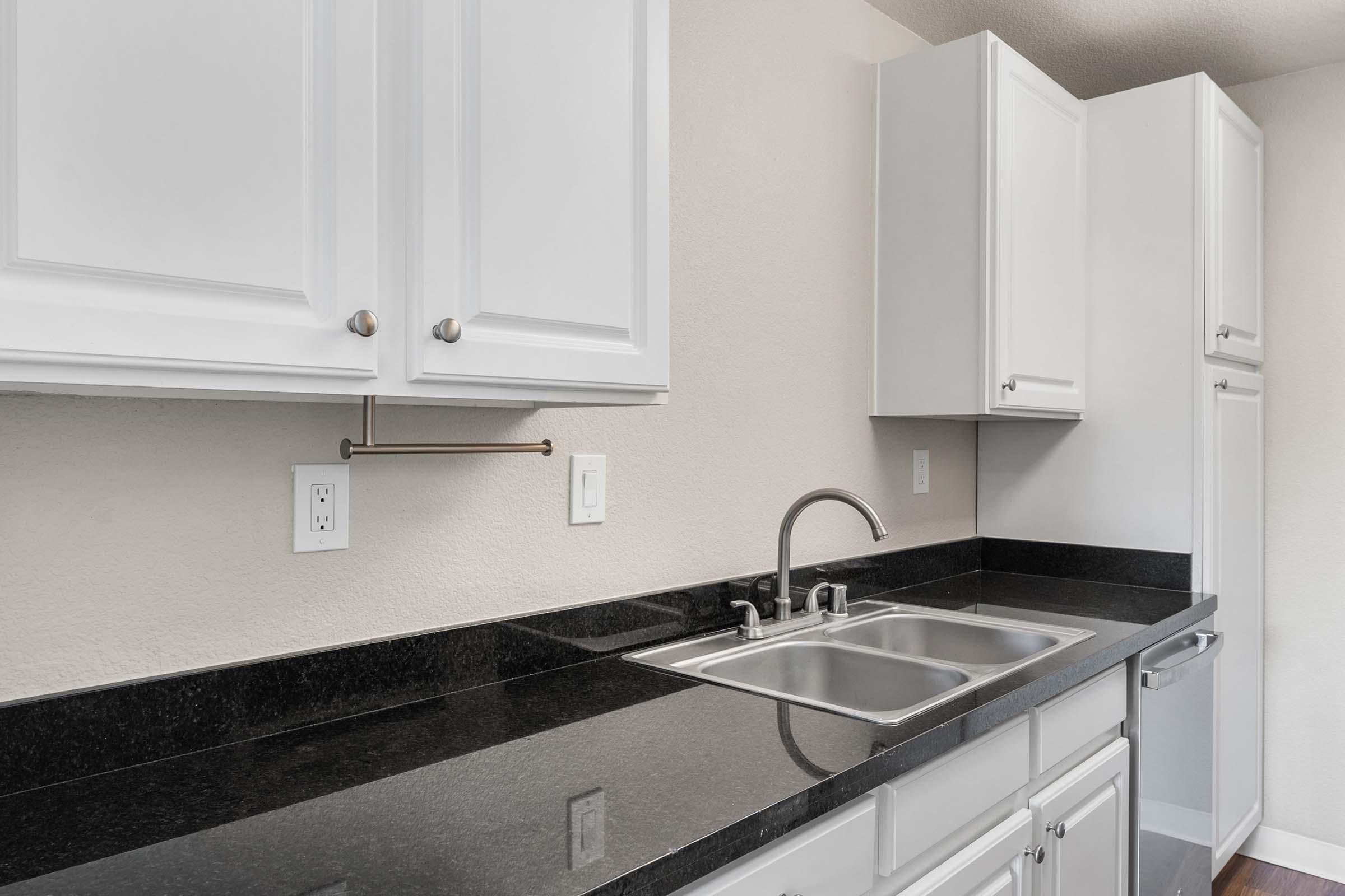 A modern kitchen with white cabinets and a black granite countertop featuring a double sink. The faucet is mounted above the sink, and there are electrical outlets on the wall. The kitchen has a clean and minimalist design with a neutral color palette.