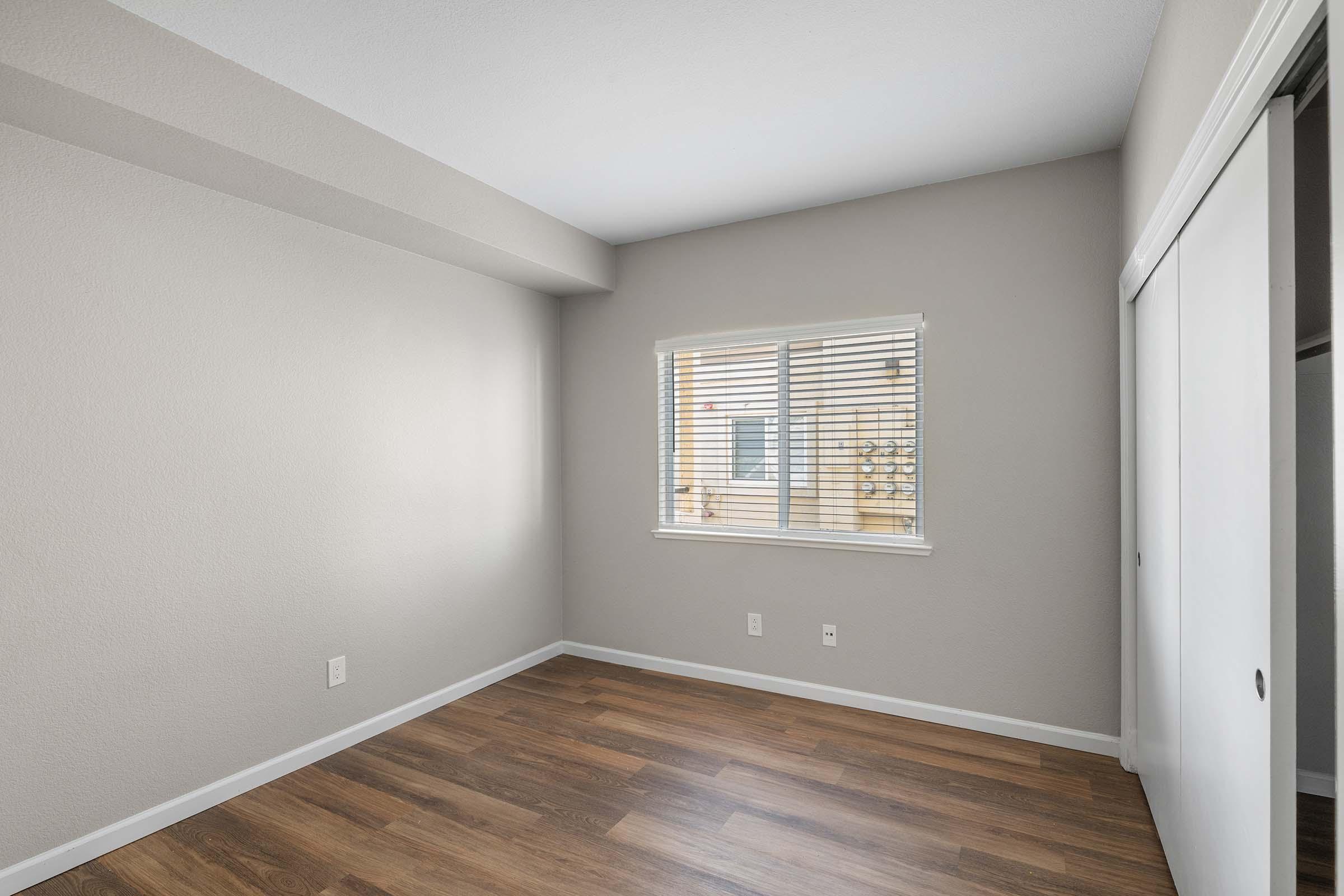 Empty room with light gray walls, wooden flooring, and a white window with blinds. There is a sliding closet door on the right and no furniture, giving a spacious and minimalistic appearance. Natural light enters through the window, illuminating the space.