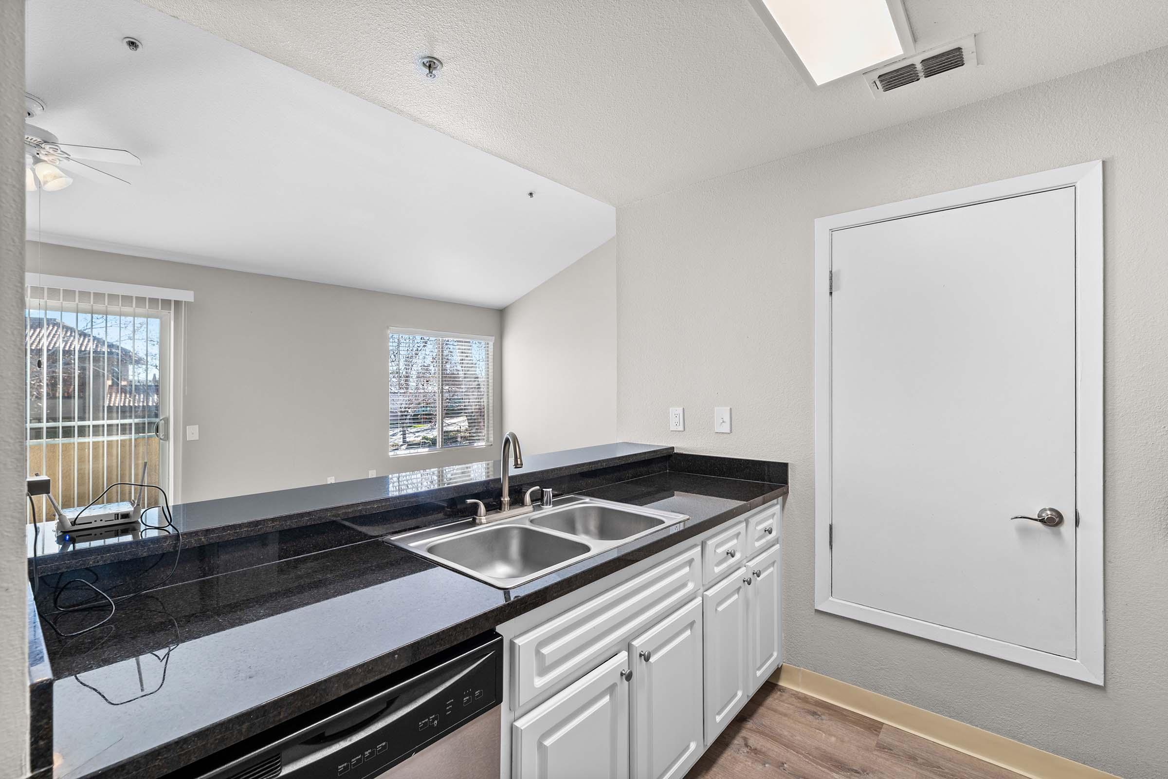 Modern kitchen with a black granite countertop, dual sinks, and white cabinetry. There's a dishwasher and a door on the right. Natural light comes in from nearby windows, creating a bright atmosphere. Sparse furnishings, highlighting the clean, open layout.