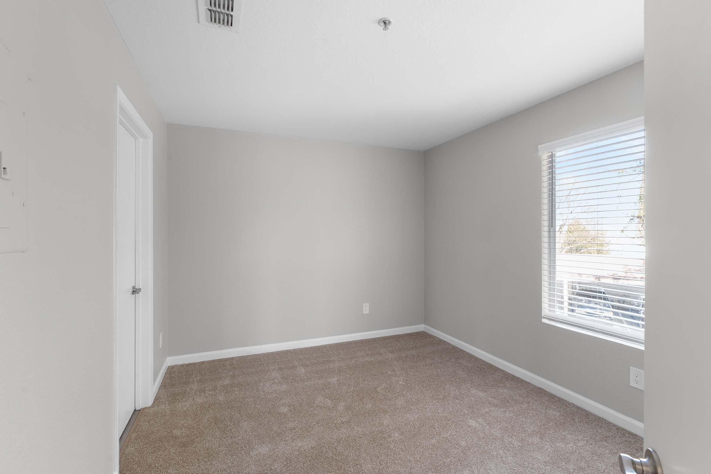 Empty room with light beige walls and a window with blinds. The floor is covered in light brown carpet. A door is visible on the left side, and the room is well-lit with natural light streaming in from the window.
