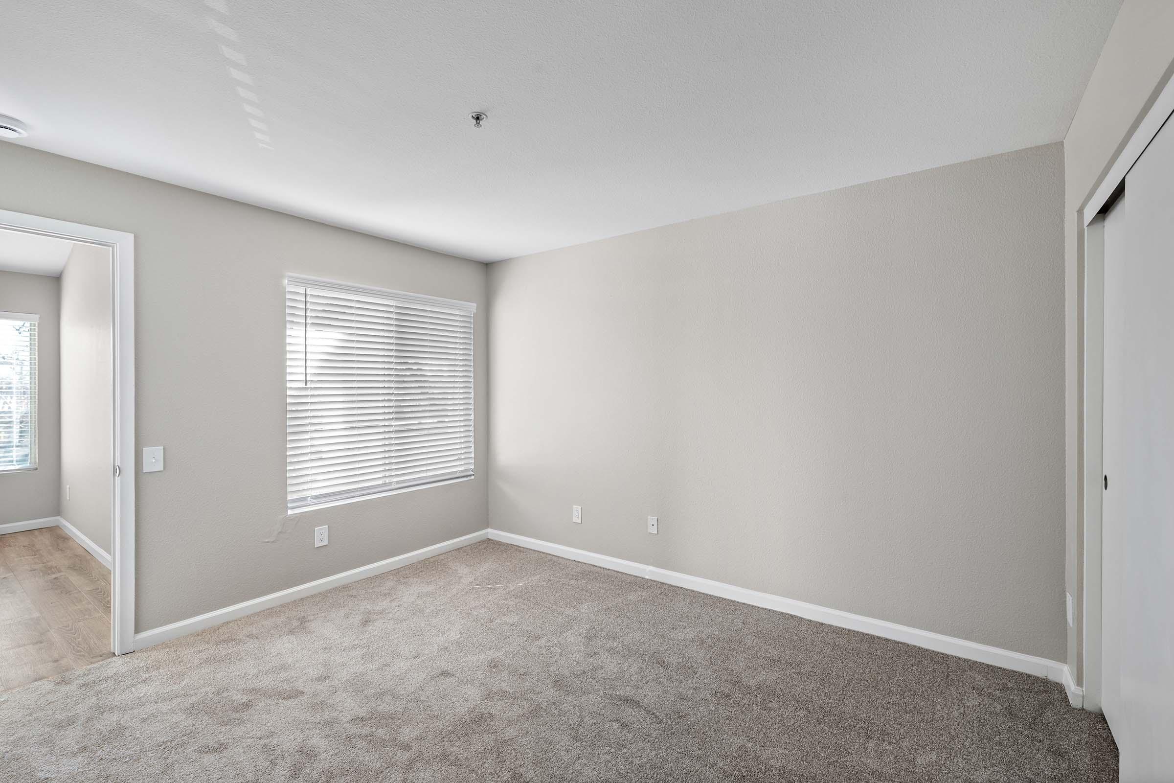 Empty room with light-colored walls and carpet. A window with blinds provides natural light, while a door leads to another space. The flooring is a light shade, complementing the neutral tones of the room. The space appears clean and well-maintained, suitable for various uses or furnishings.
