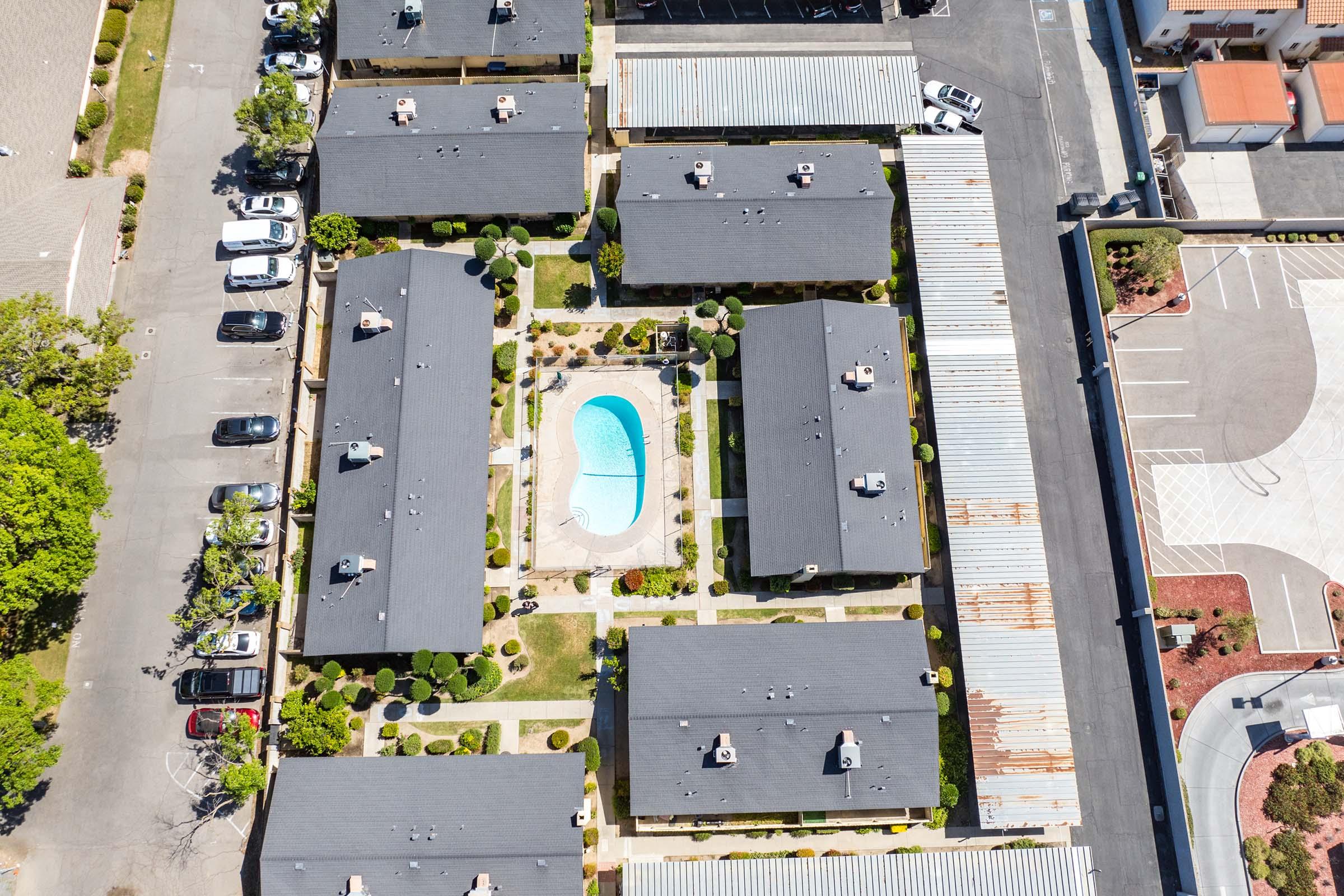 an aerial view of a city street