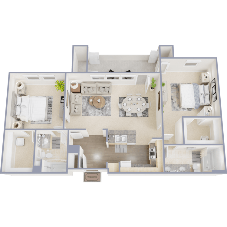 Plan 3, a 2 bedroom 2 bathroom floor plan.