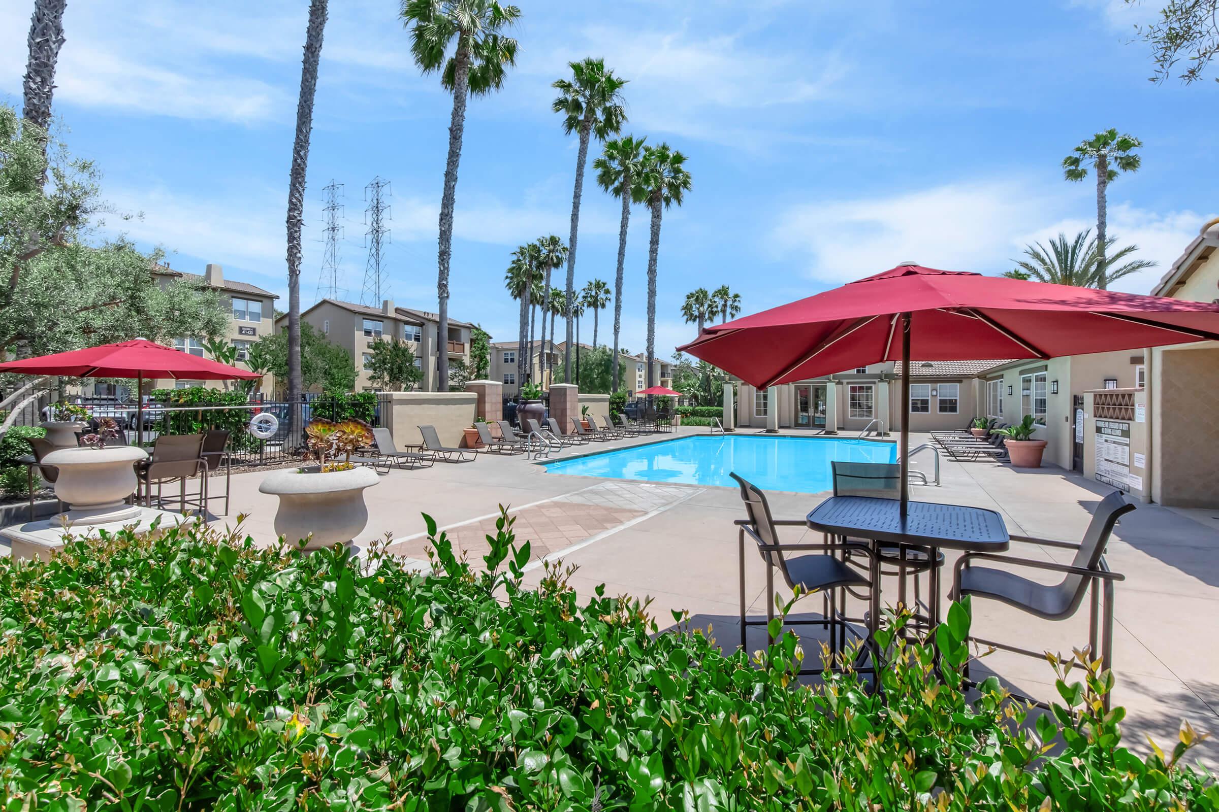 A sunny outdoor pool area surrounded by palm trees and lush greenery. There are red umbrellas over tables and chairs, providing shade, and a clear blue pool invites relaxation. The scene features a well-maintained landscape, creating a tranquil atmosphere for leisure activities.