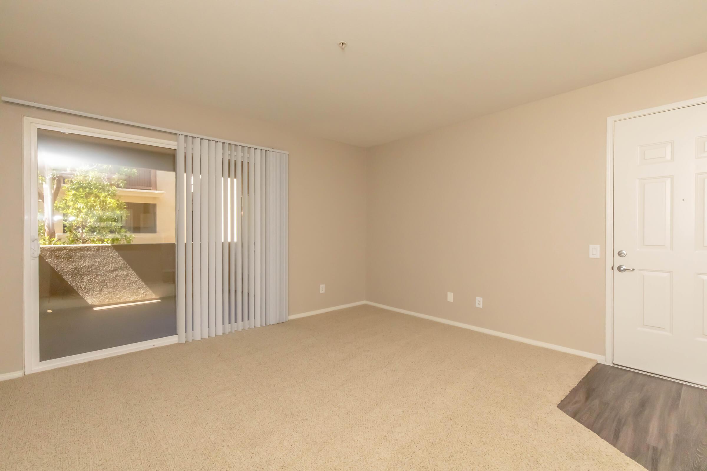 Empty interior of a room with beige walls and carpeted floor. A large sliding glass door with vertical blinds leads to a balcony, allowing natural light. The entrance door is visible on the right side. The space is minimalistic and ready for furnishing.