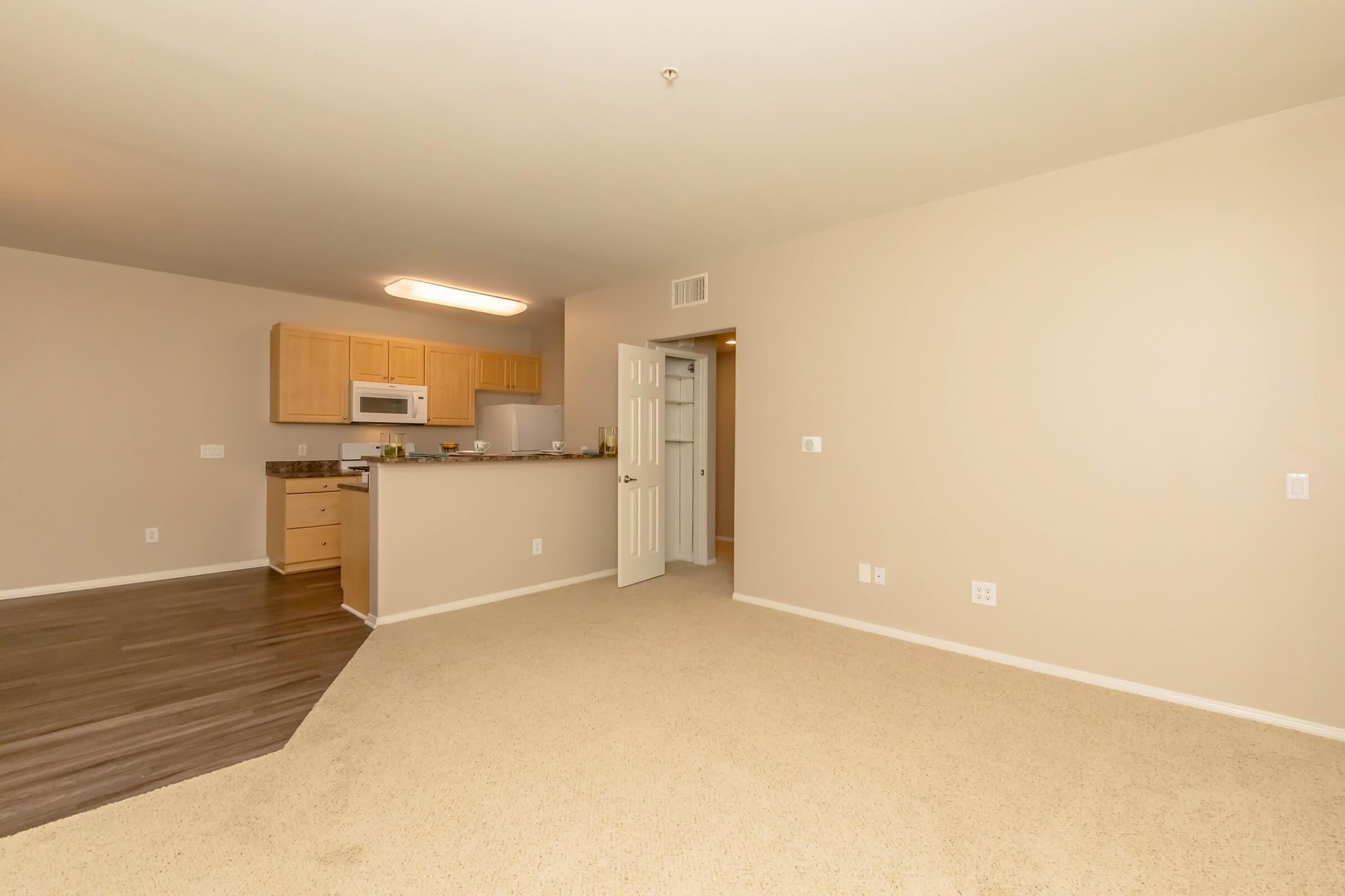 Spacious living area featuring light beige walls, carpeted floor, and hardwood accents. The kitchen is visible in the background with wooden cabinets and modern appliances. A doorway leads to a closet, creating an open and inviting atmosphere suitable for various furnishings and decor.